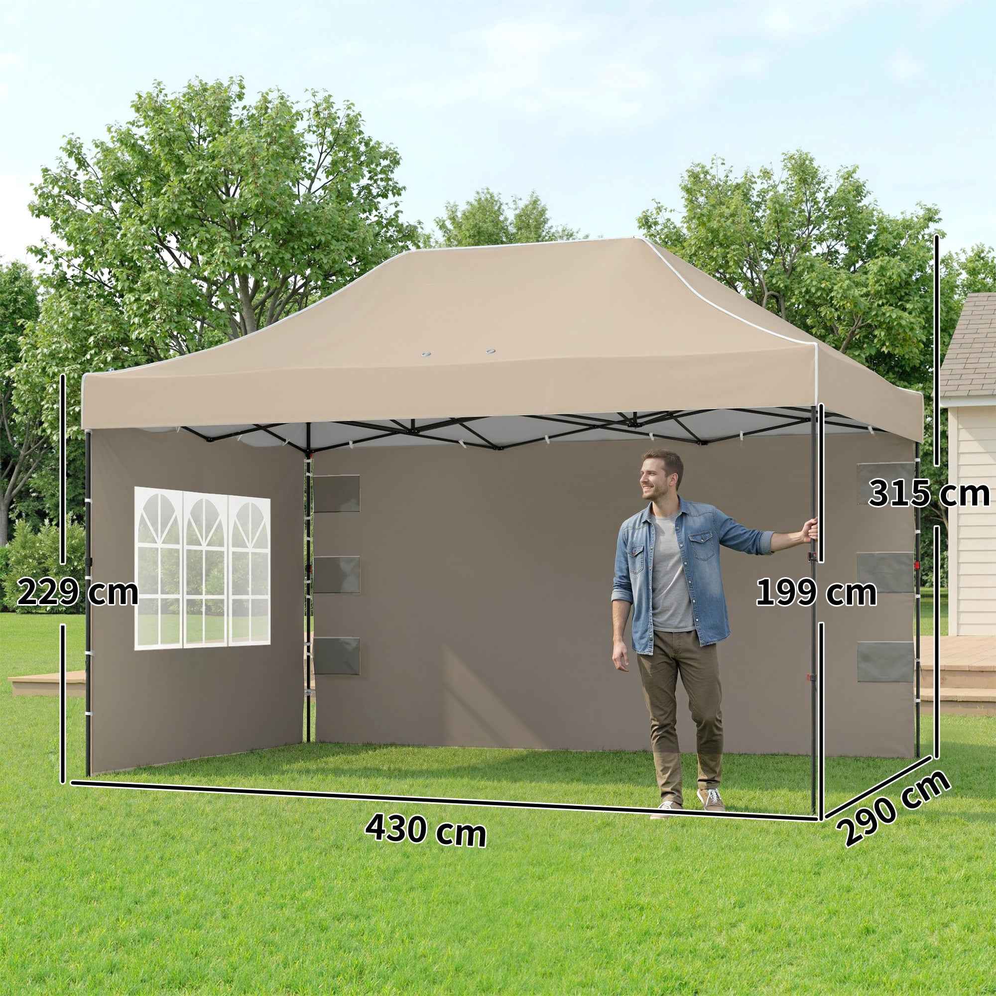 Outsunny Pop Up Folding Gazebo with Side Walls and Windows, 2.9 x 4.3 m, Metal and Oxford Fabric, Sand Brown
