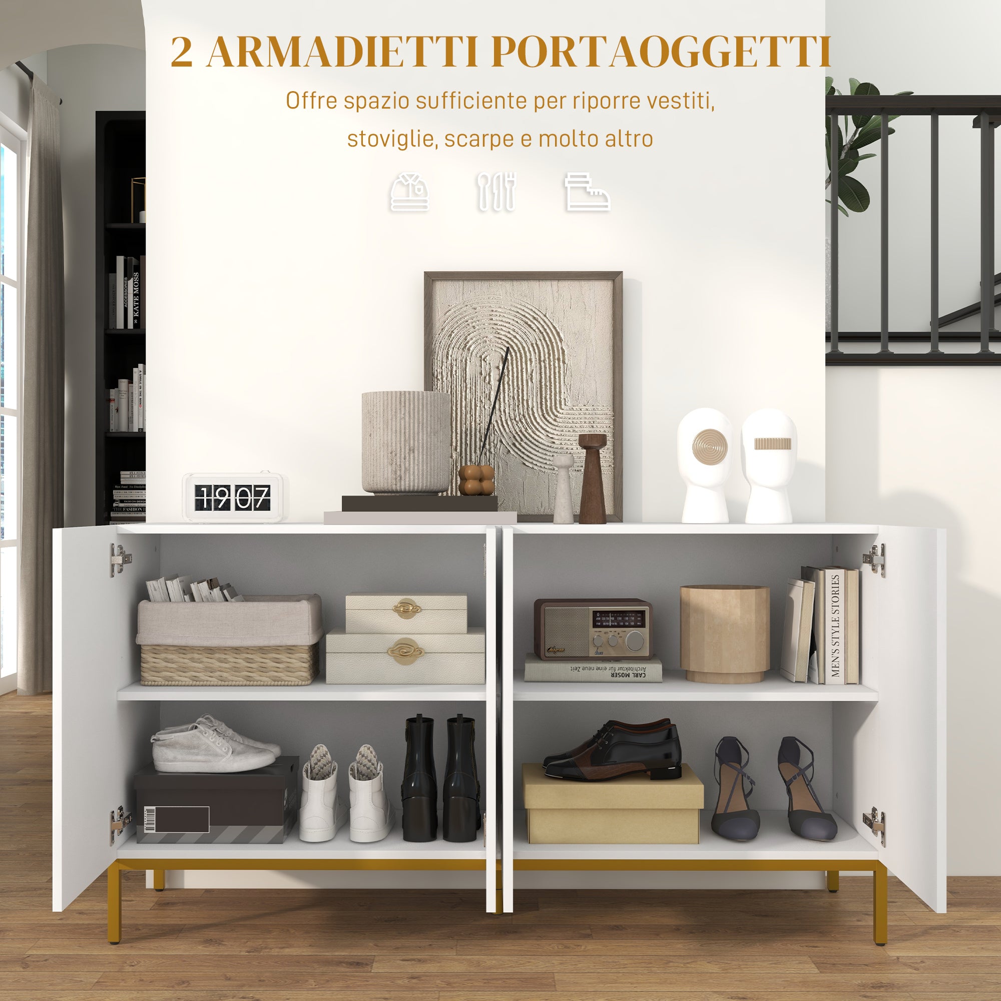 HOMCOM Modern 4-Door Sideboard with Soft Closing and Adjustable Shelves, 140x40x75cm, White and Gold - Borgè