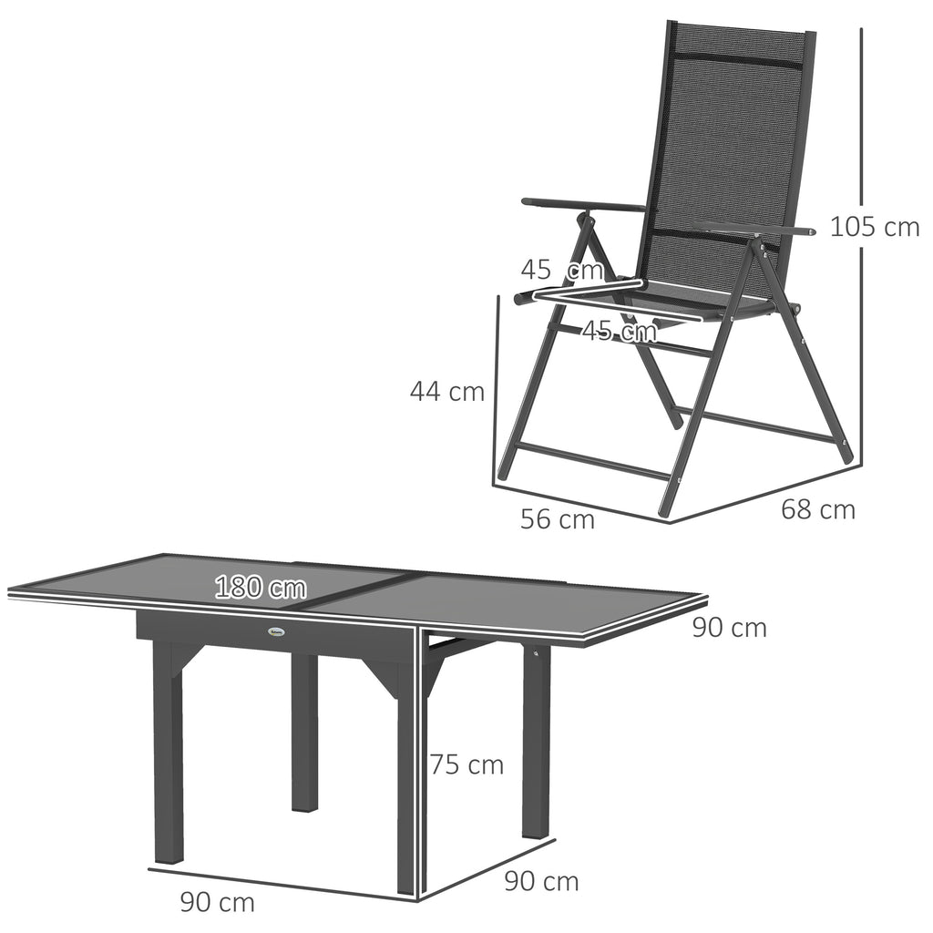Garden Set with Extendable Glass Table and 6 Folding Outdoor Chairs, Steel and Textilene, Grey