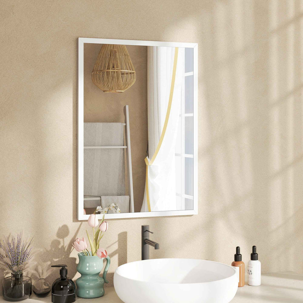 HOMCOM Rectangular Wall Mirror with Hooks, Glass and MDF, 50x70 cm, White