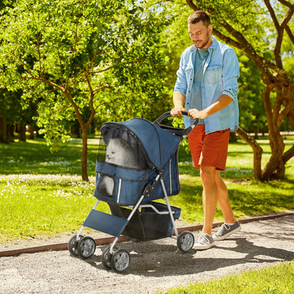 Folding Dog Stroller with Basket and Cup Holder, Max. Weight 10 kg, 75x45x97cm, Dark Blue