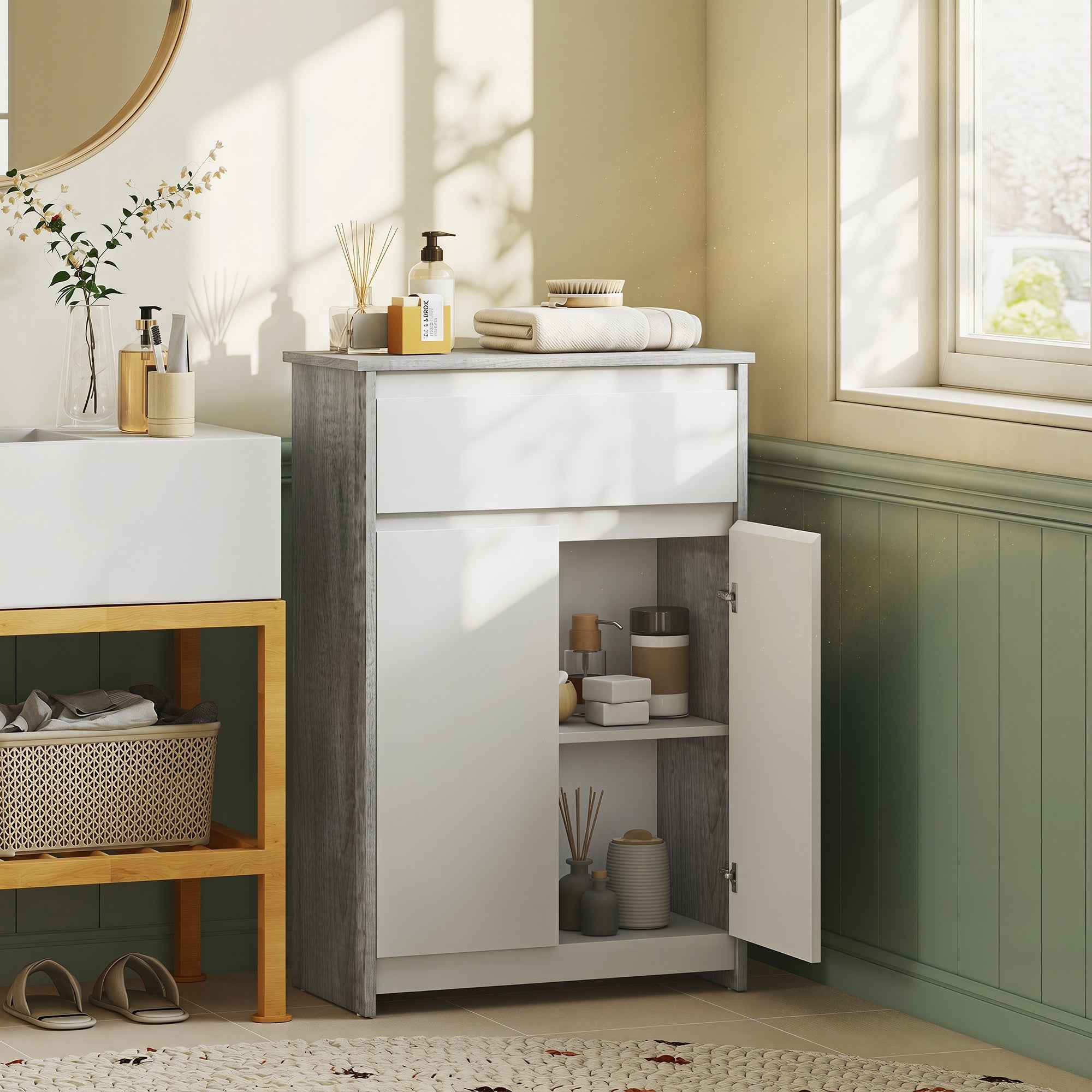 kleankin Freestanding Bathroom Cabinet with Drawer and Double Doors, Grey-White
