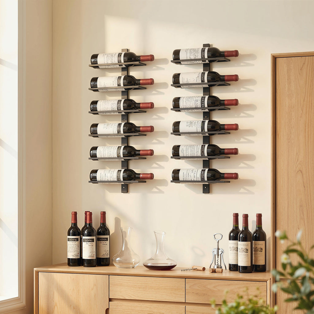 HOMCOM Wall-Mounted Steel Wine Rack for 6 Bottles, Kitchen and Living Room, 27x10x71 cm, Black
