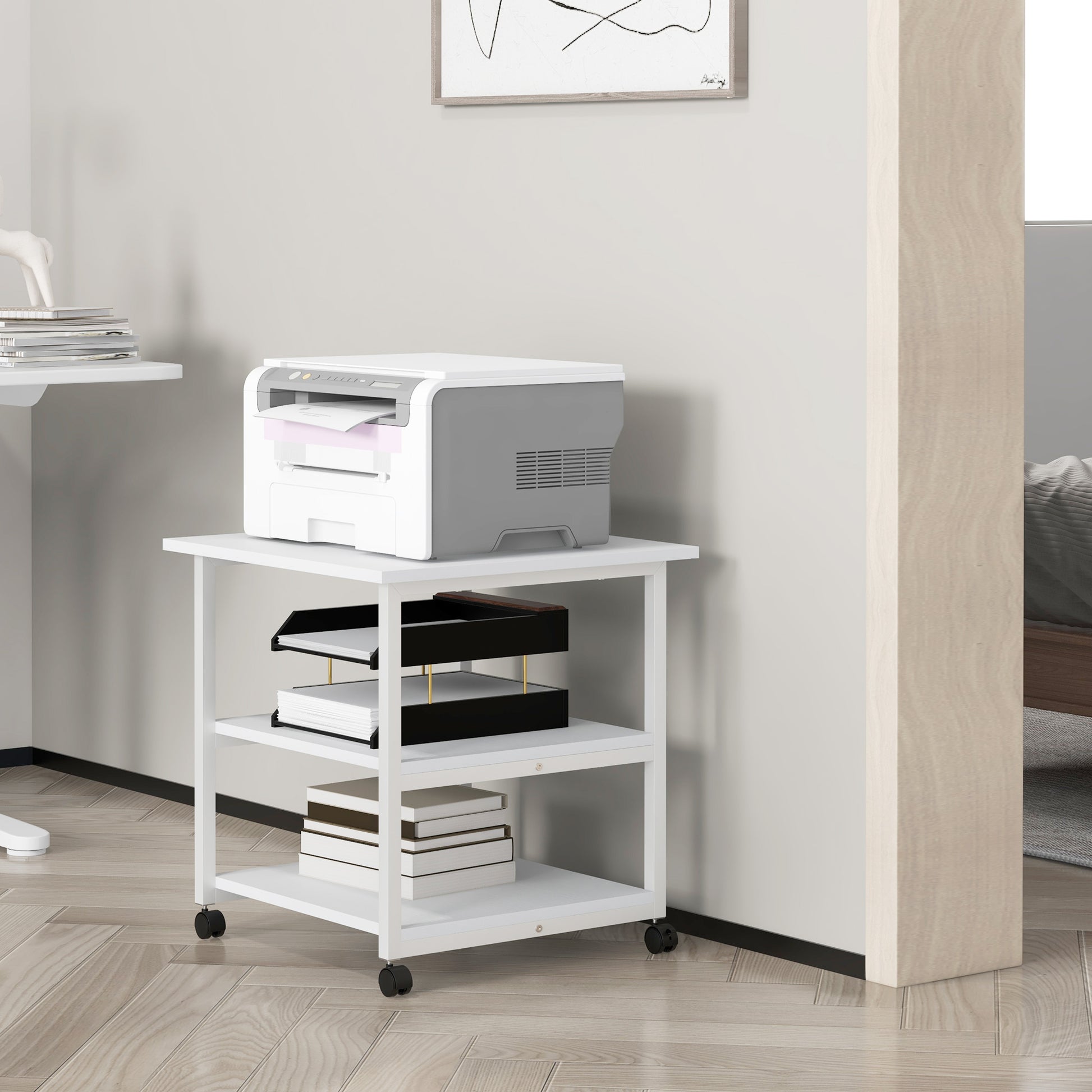 HOMCOM 3-Shelf Printer Trolley with 4 Wheels, Wood and Steel, 50x50x52.5cm, White - Borgè