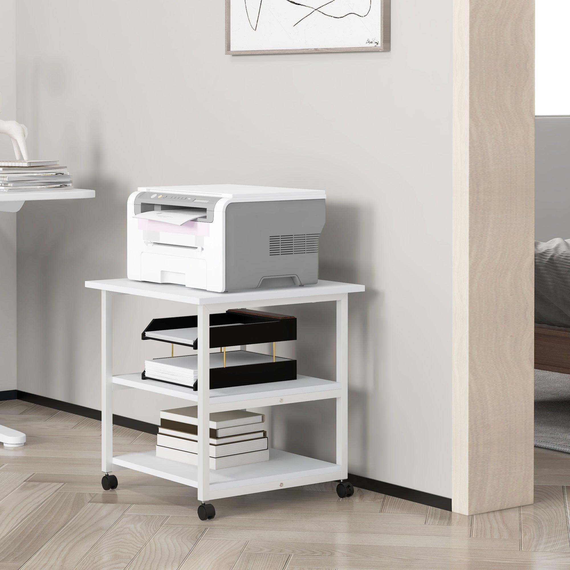 3-Tier Printer Cart with 4 Wheels, Wood and Steel, 50x50x52.5cm, White
