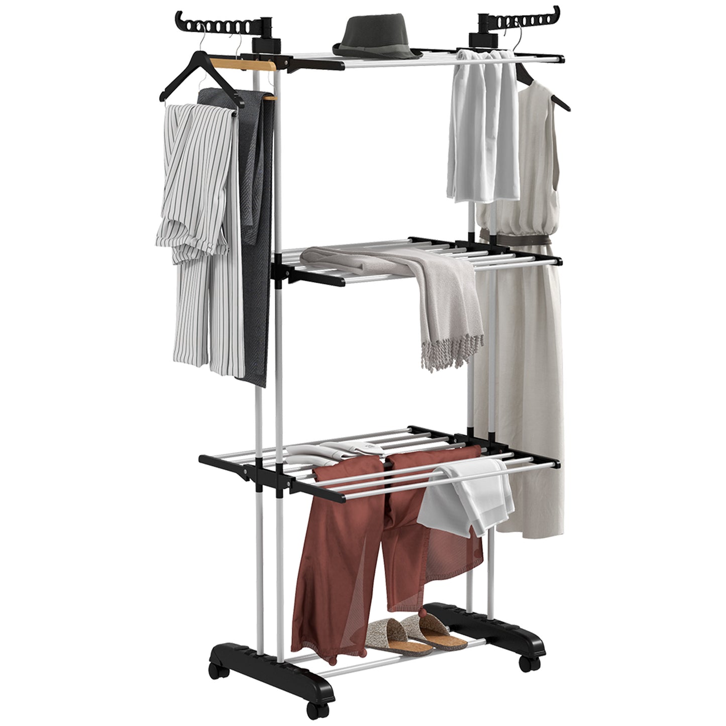 4-Tier Folding Clothes Airer with Rotating Wings and 4 Wheels, in Steel and PP, 73x64x177 cm, Black