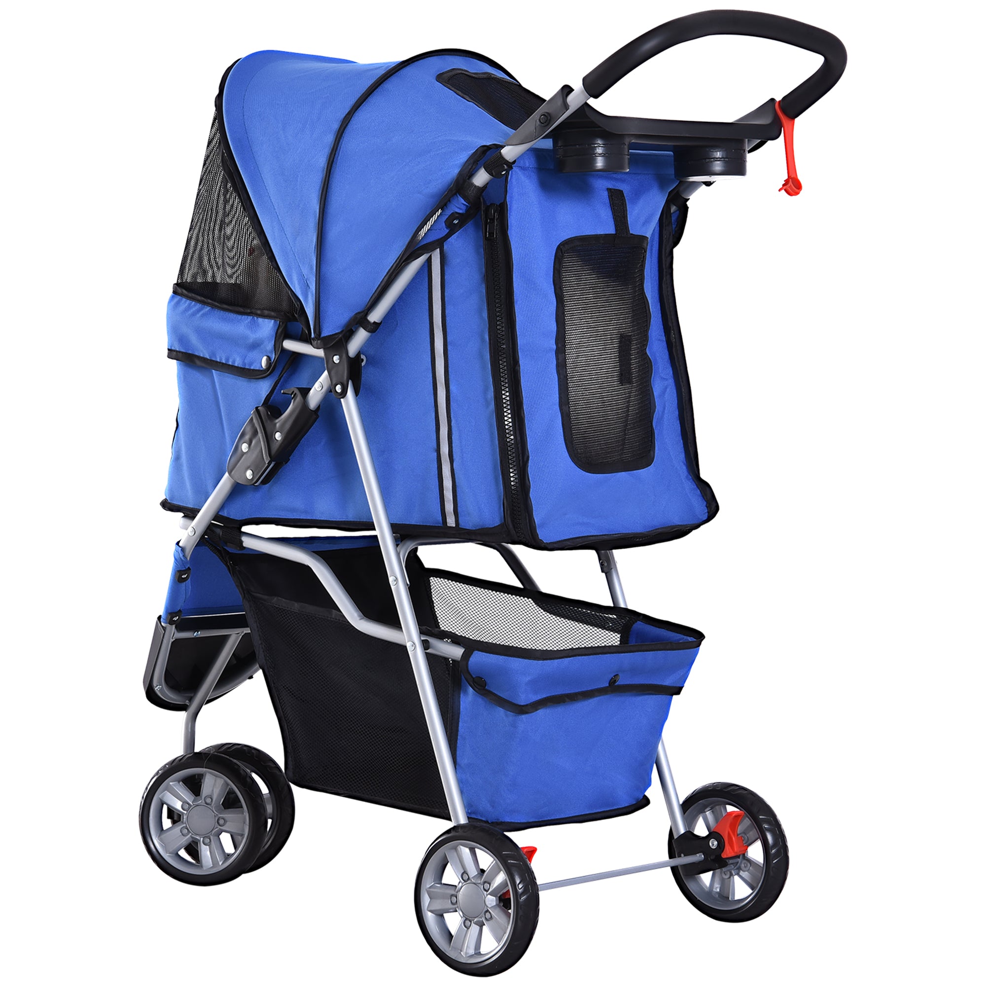 Folding Dog Stroller for Small Dogs, Dog Pushchair with Braked Wheels, Cup Holder, Storage Basket and Removable and Washable Padding, for Pets up to 10 kg, Blue