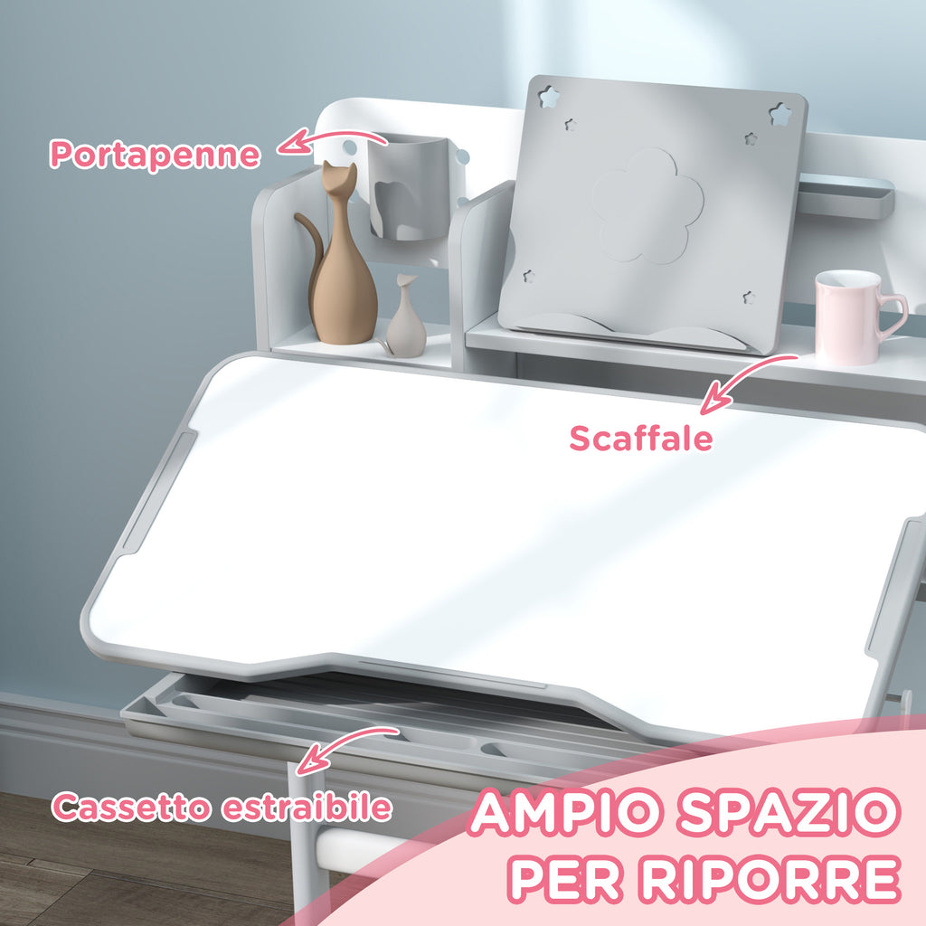 Adjustable Children's Desk and Chair Set, School Desk with Tiltable Top, Drawer, Shelf, Grey