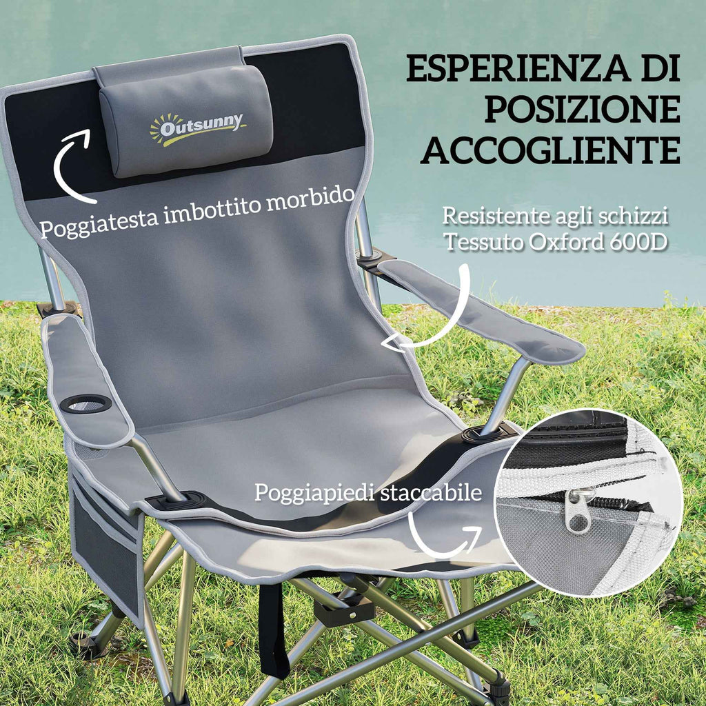 Outsunny Folding Camping Chair with Detachable Footrest, Cup Holder and Side Pocket, 82x100x88 cm, Black