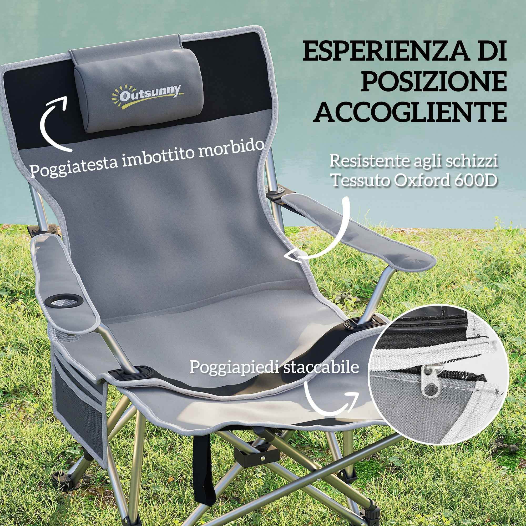 Outsunny Folding Camping Chair with Detachable Footrest, Cup Holder and Side Pocket, 82x100x88 cm, Black