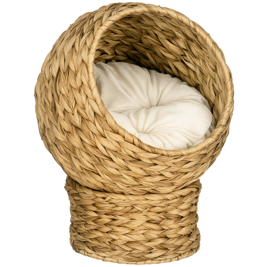 Raised Wicker Cat Bed with Cotton Cushion, Brown and White, 42 x 33 x 52cm