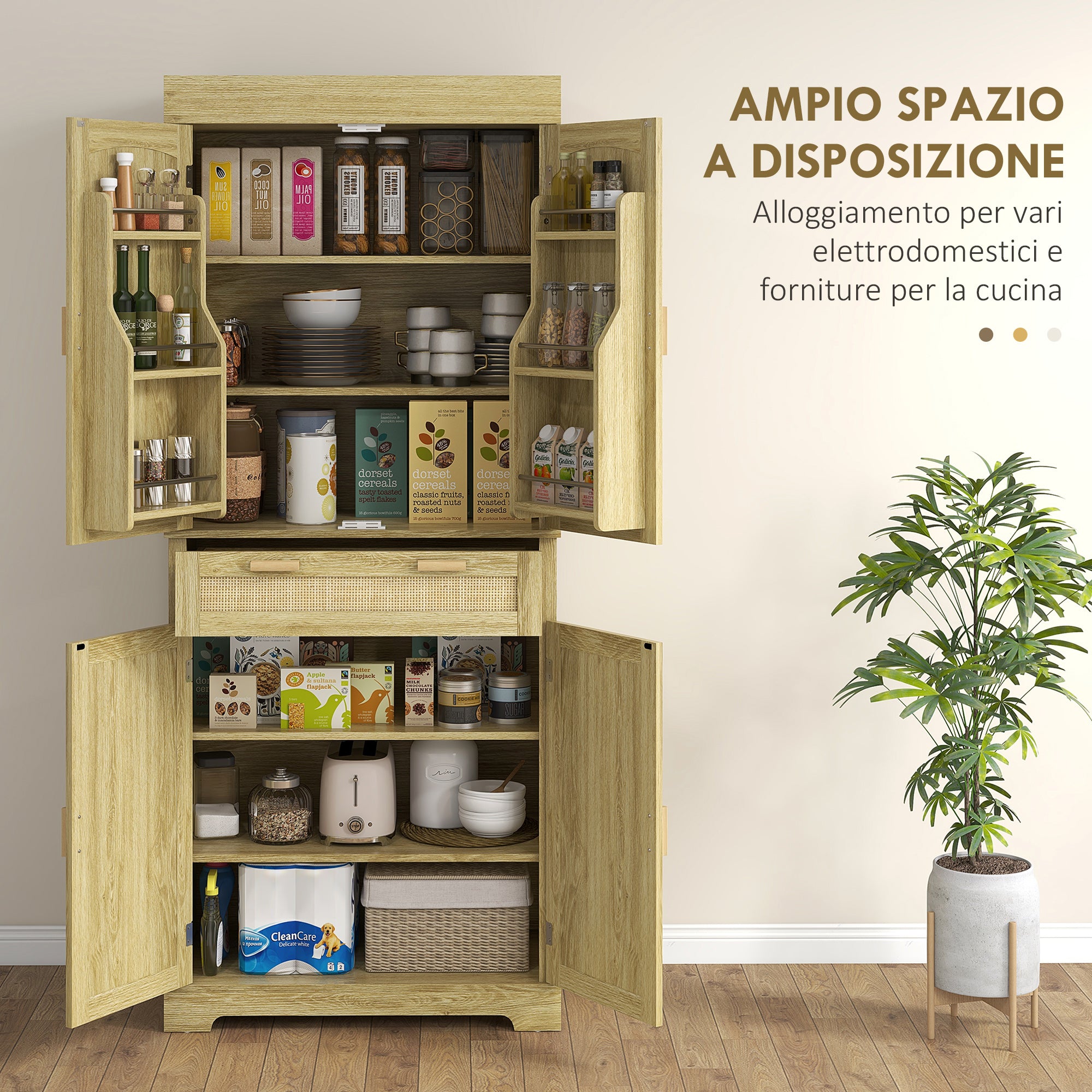 Boho Style Kitchen Sideboard with 2 Cabinets, Drawer and Spice Rack in Wood and Rattan, 76x40x183cm, Oak