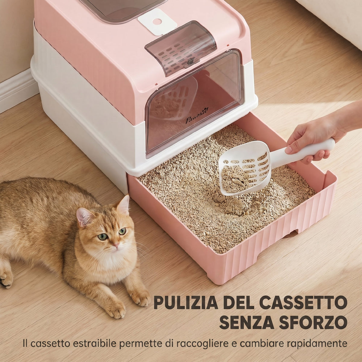 PawHut Enclosed Cat Litter Box with Removable Tray, Scoop and Deodorizer, 48x35x36 cm, Pink