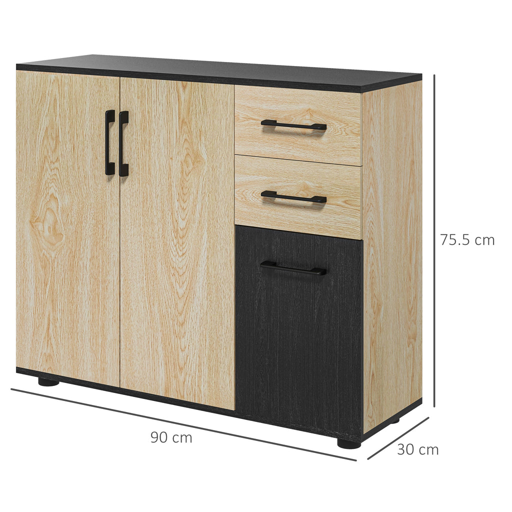 HOMCOM Modern Sideboard with 2 Cabinets and 2 Drawers in Wood, 90x30x75.5cm, Walnut and Black - Borgè