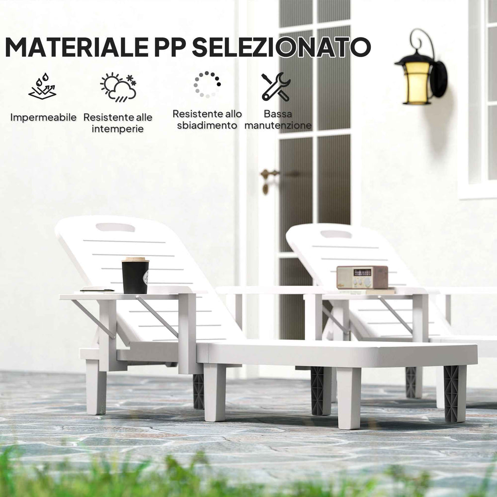 Outsunny Set of 2 Adjustable Garden Loungers with Table and Armrests, in Polypropylene, 79x158x88 cm, White
