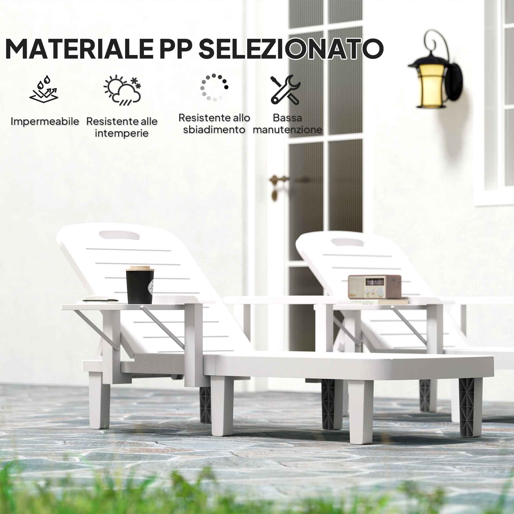 Outsunny Set of 2 Adjustable Garden Loungers with Table and Armrests, in Polypropylene, 79x158x88 cm, White