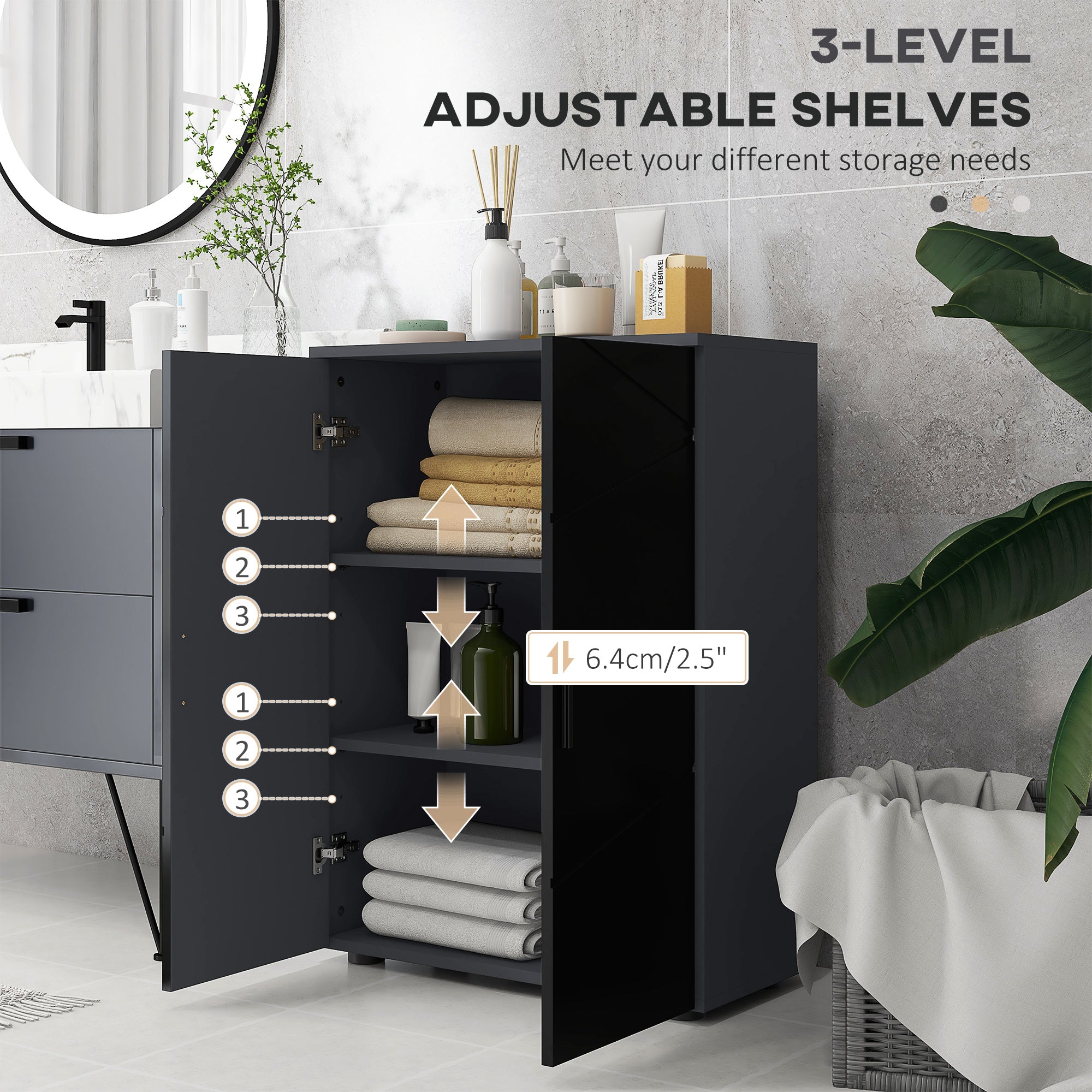 Kleankin Bathroom Cabinet 2 Wooden Doors with 3 shelves and cushioned closure, 60x30x82cm, black - Borgè