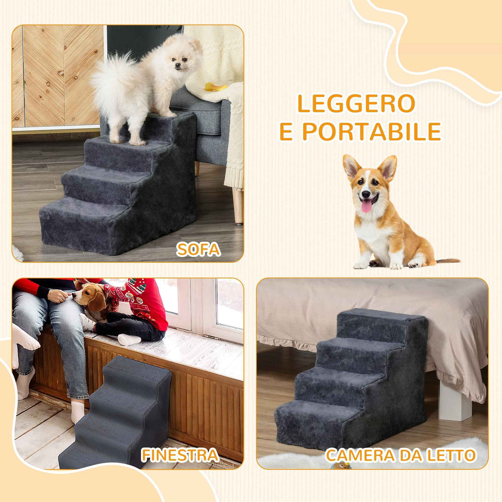 PawHut Portable 4-Step Dog Stairs, Removable Velvet Fabric and Wood, 60x35x44 cm, Dark Grey
