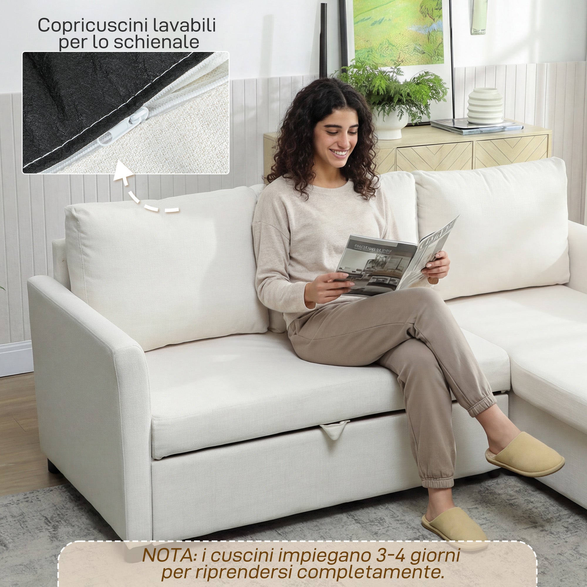 Linen-Effect Corner Sofa Bed with Retractable Storage Compartment, 192x148x86 cm, Cream White