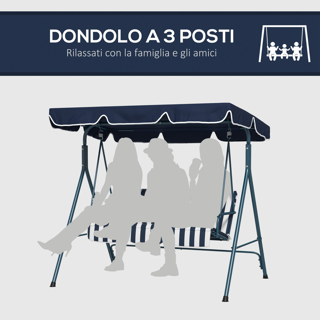 3-Seater Garden Swing with Sunshade Roof, in Steel and Polyester, 172x110x153 cm, White and Blue