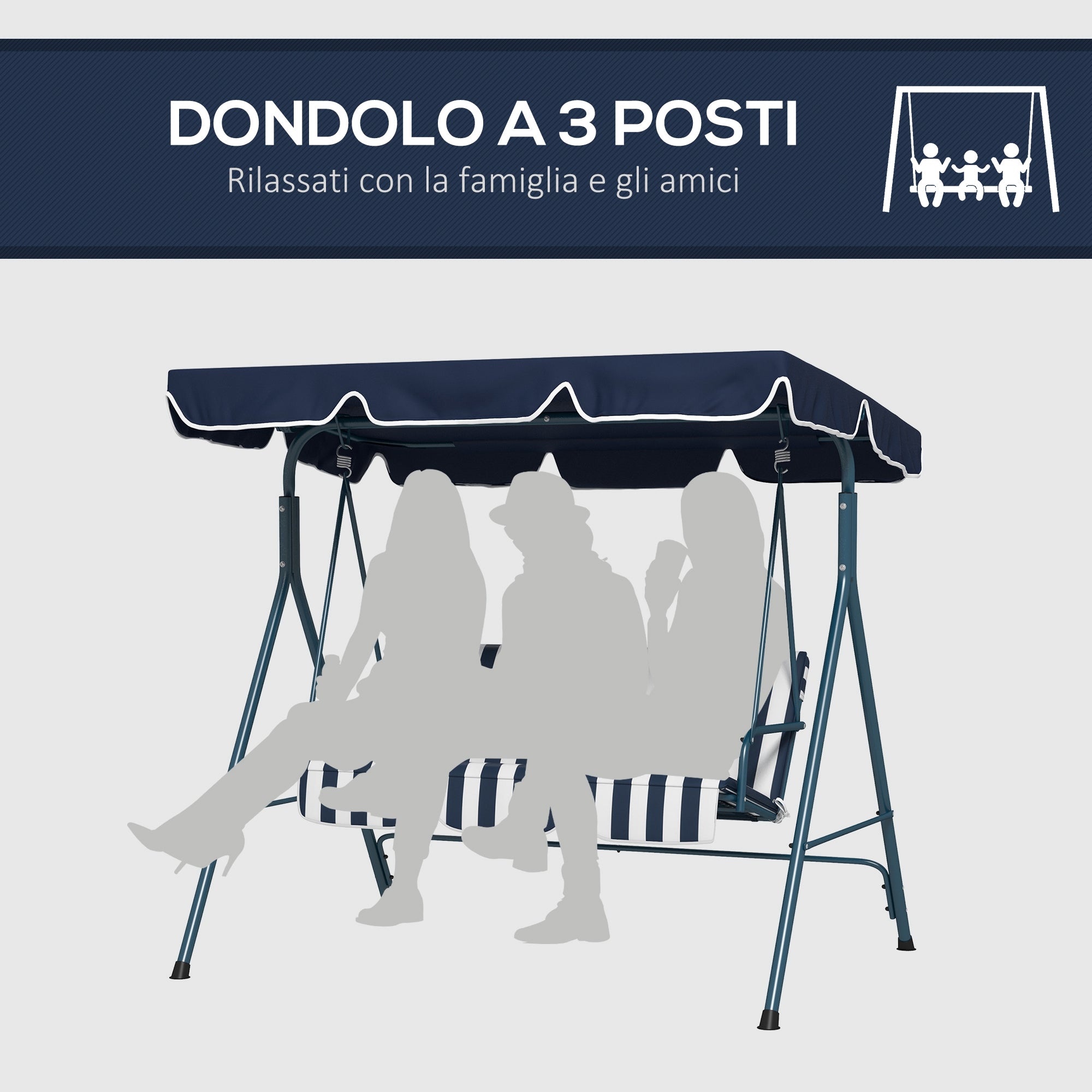 3-Seater Garden Swing with Sunshade Roof, in Steel and Polyester, 172x110x153 cm, White and Blue