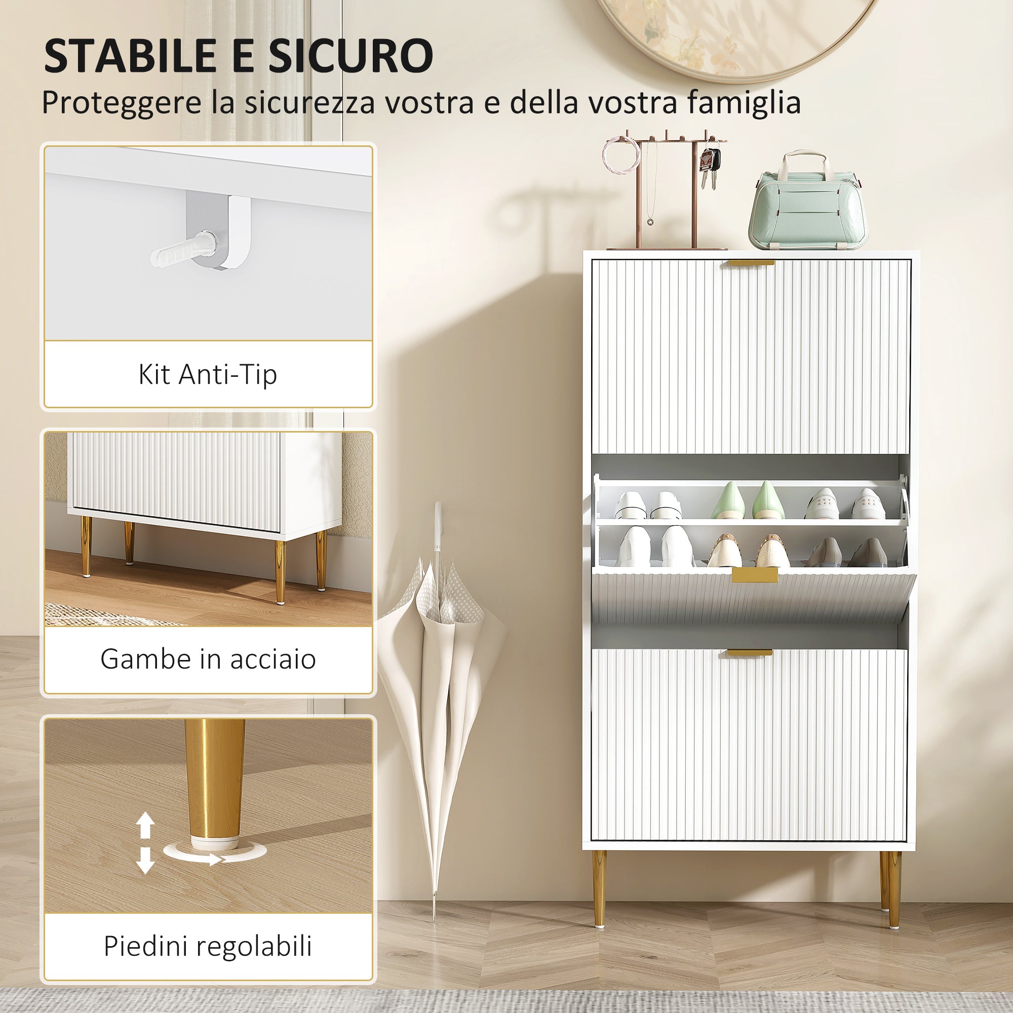 Slim Shoe Rack for 18 Pairs of Shoes with 3 Drop-Down Drawers and Adjustable Shelves, 60x24x128 cm, White