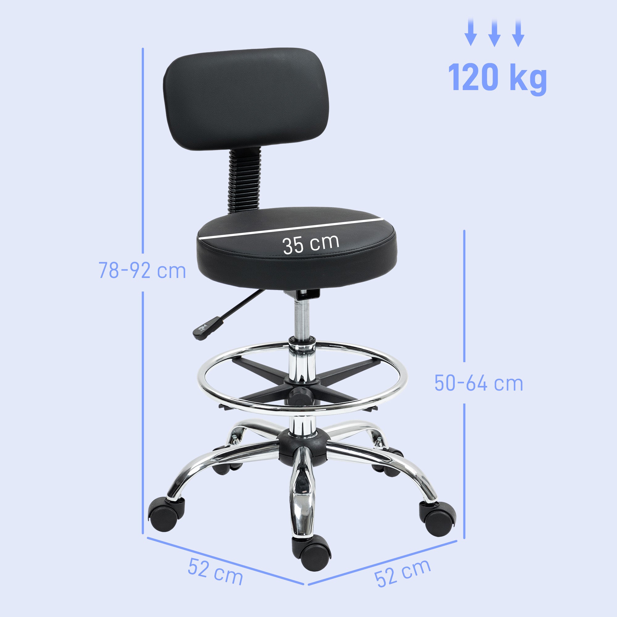 Height-Adjustable Swivel Chair with Footrest, in Steel, Faux Leather and Foam, 52x52x78-92 cm, Black