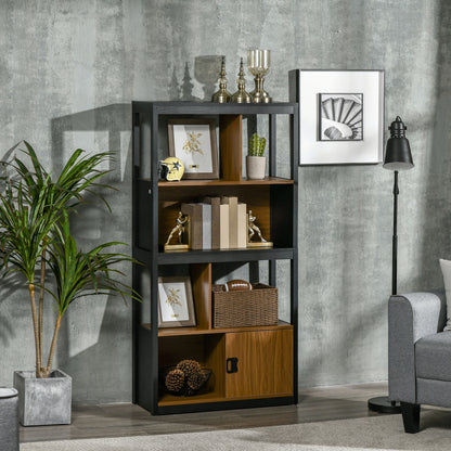 Bookcase Cabinet 4 Open Levels with Cabinet, in Chipboard and MDF, 76.5x30x150 cm, Brown and Black