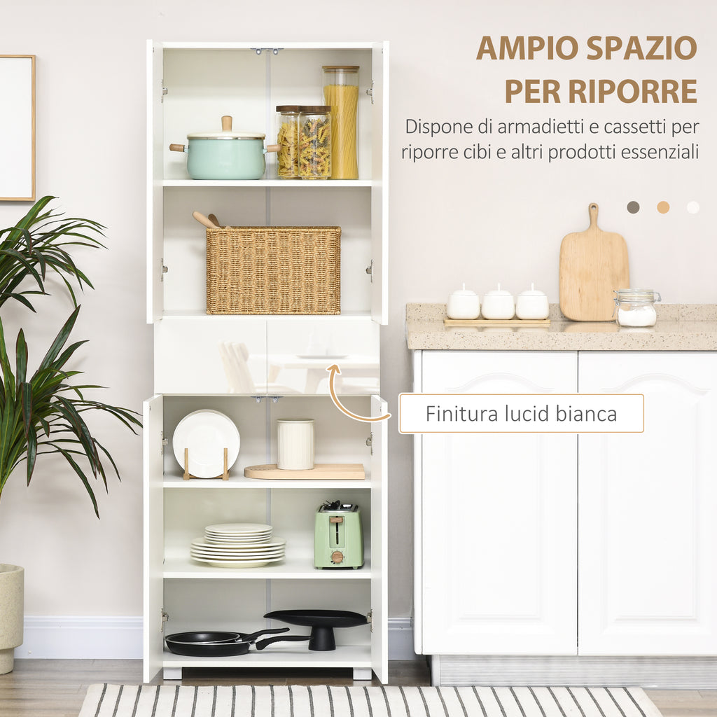 Kitchen Pantry with 4 Doors, 3 Adjustable Shelves and 5-Tier Shelves in MDF and Chipboard, 60x35x170 cm, White