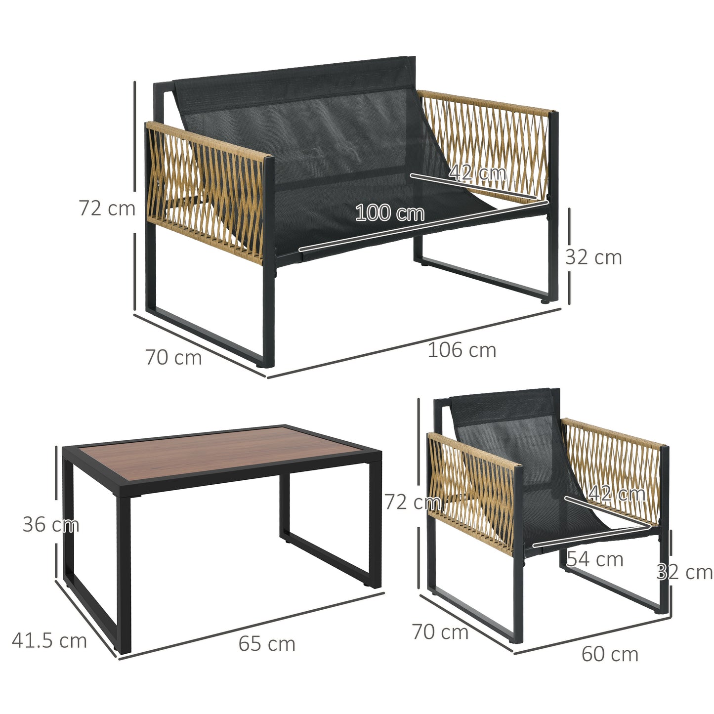 Outsunny garden set 4 pieces in rattan with sofa, 2 chairs and coffee table, gray and brown - Borgè