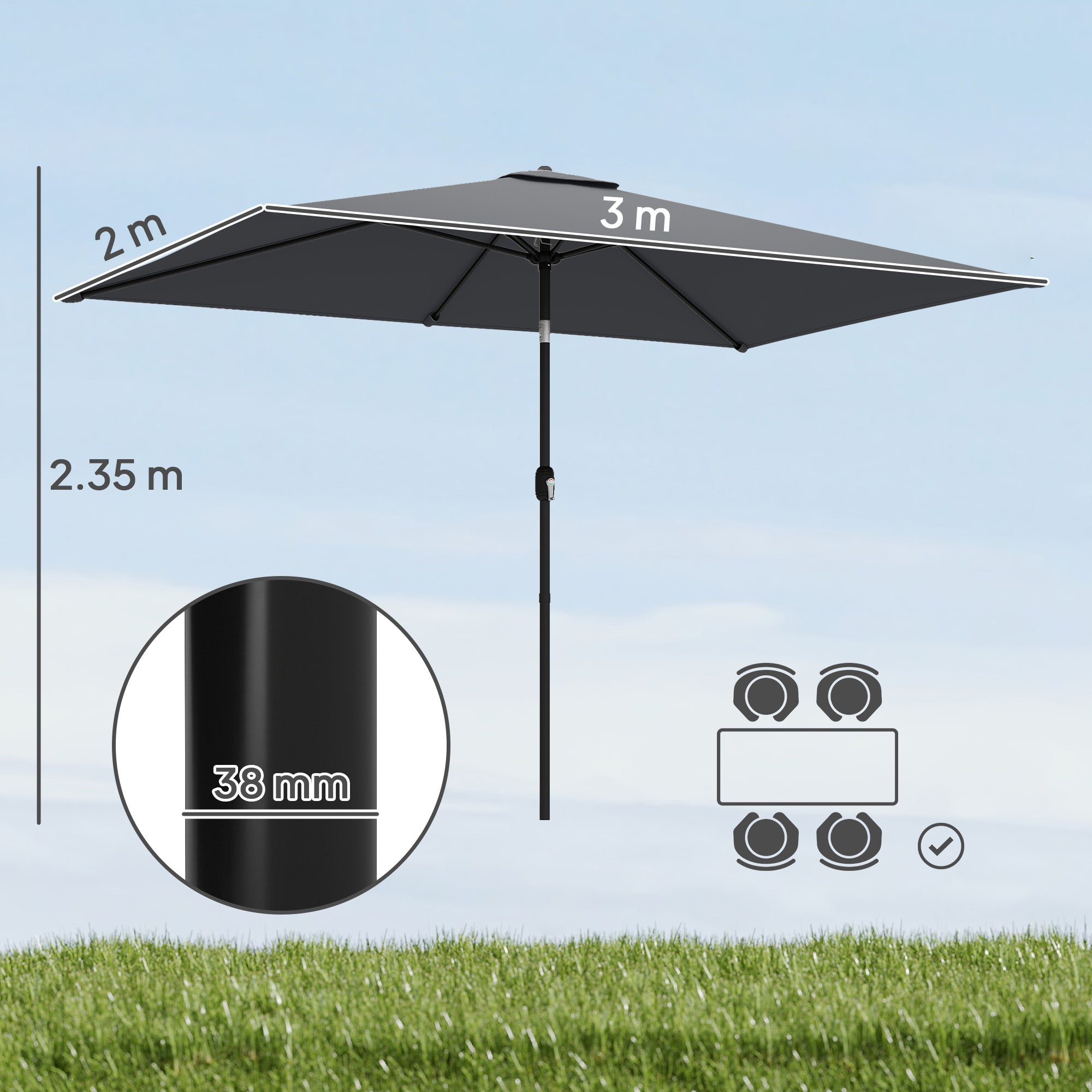 Outsunny 3x2m Rectangular Garden Umbrella with Crank Handle, Metal and Polyester, Dark Grey