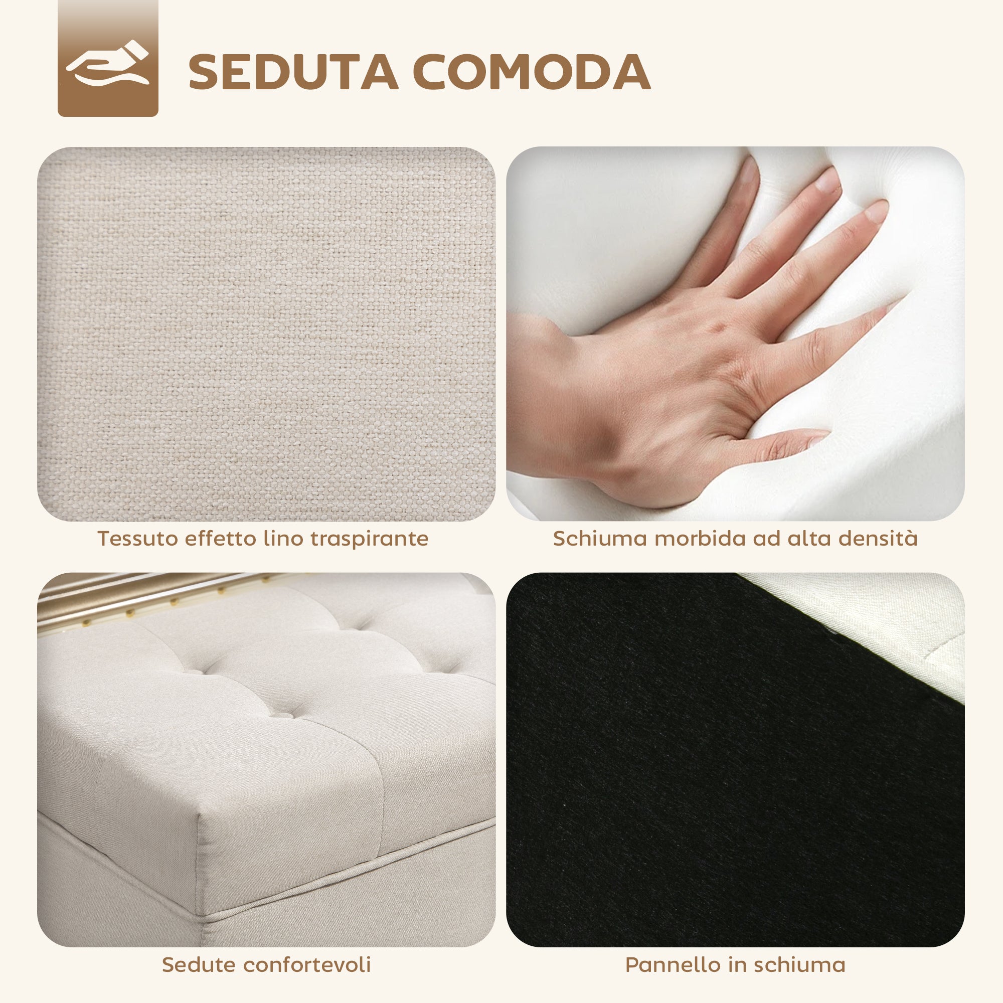 80L Padded Storage Bench with Fabric Upholstery and Wooden Legs, 118x42x45 cm, Cream