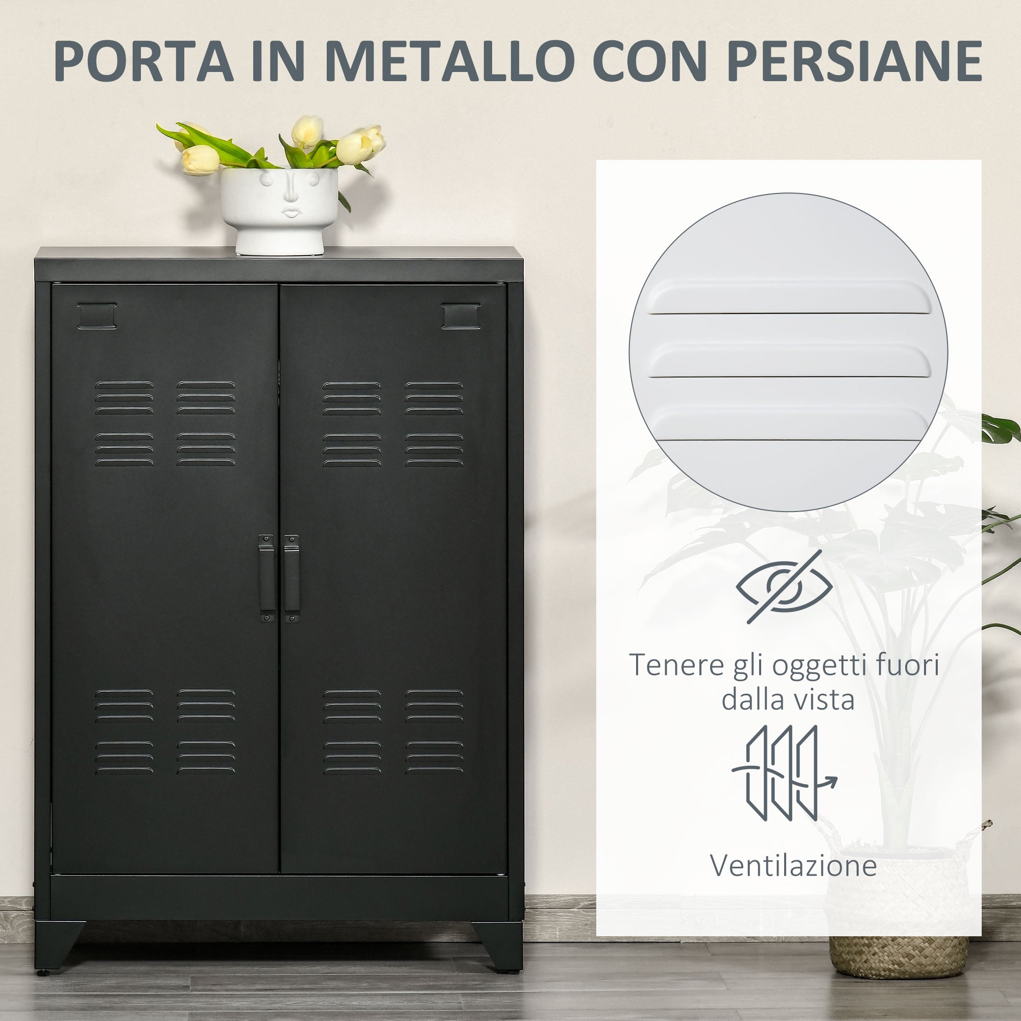 Industrial Style 2-Door Metal Storage Cabinet for Home and Garage, 75x33x110 cm, Black