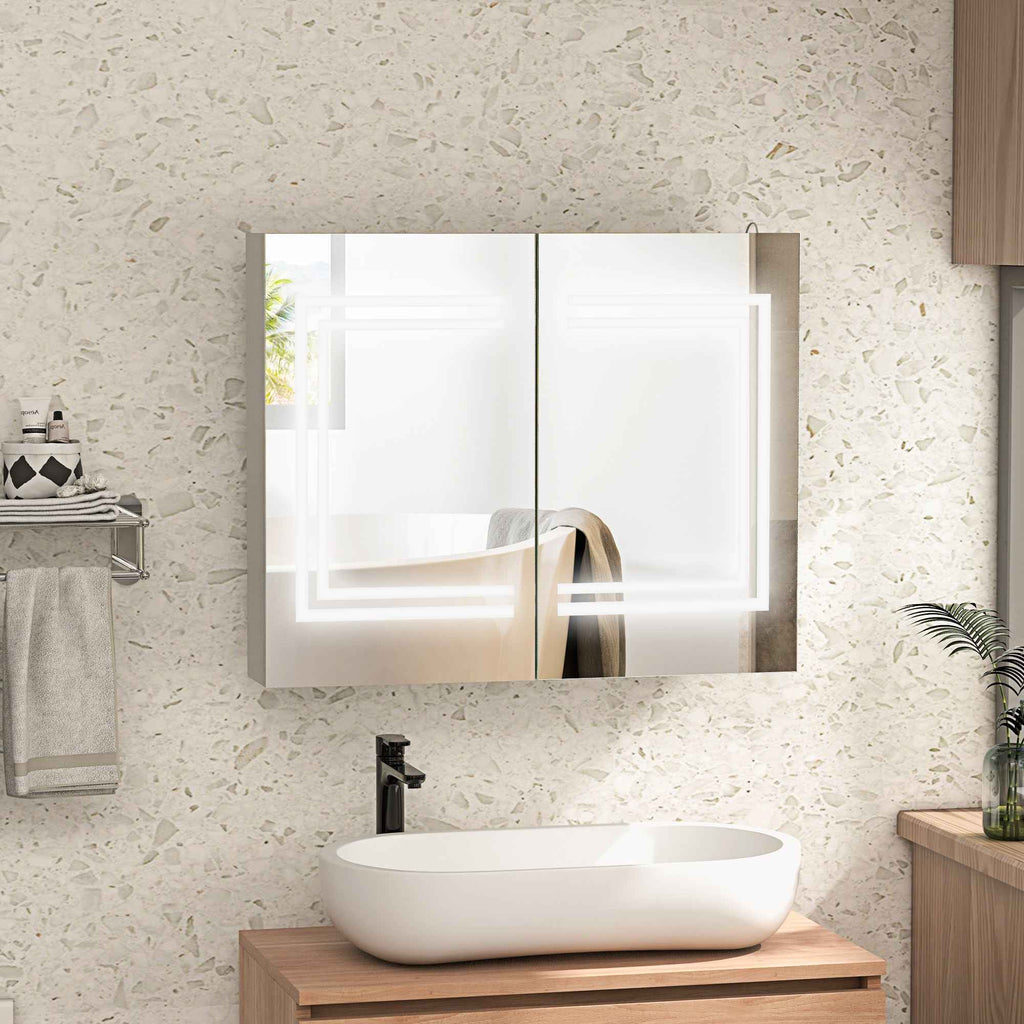 kleankin Bathroom Mirror Cabinet with LED Light, 80 x 65cm Bathroom Cabinet with Mirror, Soft Close Door, 3-Color Dimmable, Adjustable Shelves, Gloss White