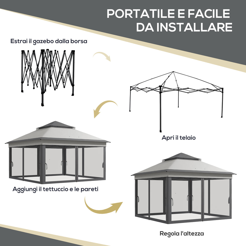 Gazebo with Mosquito Nets Adjustable on 3 Levels, in Steel and Oxford Fabric, 326x326x272 cm, Light and Dark Grey