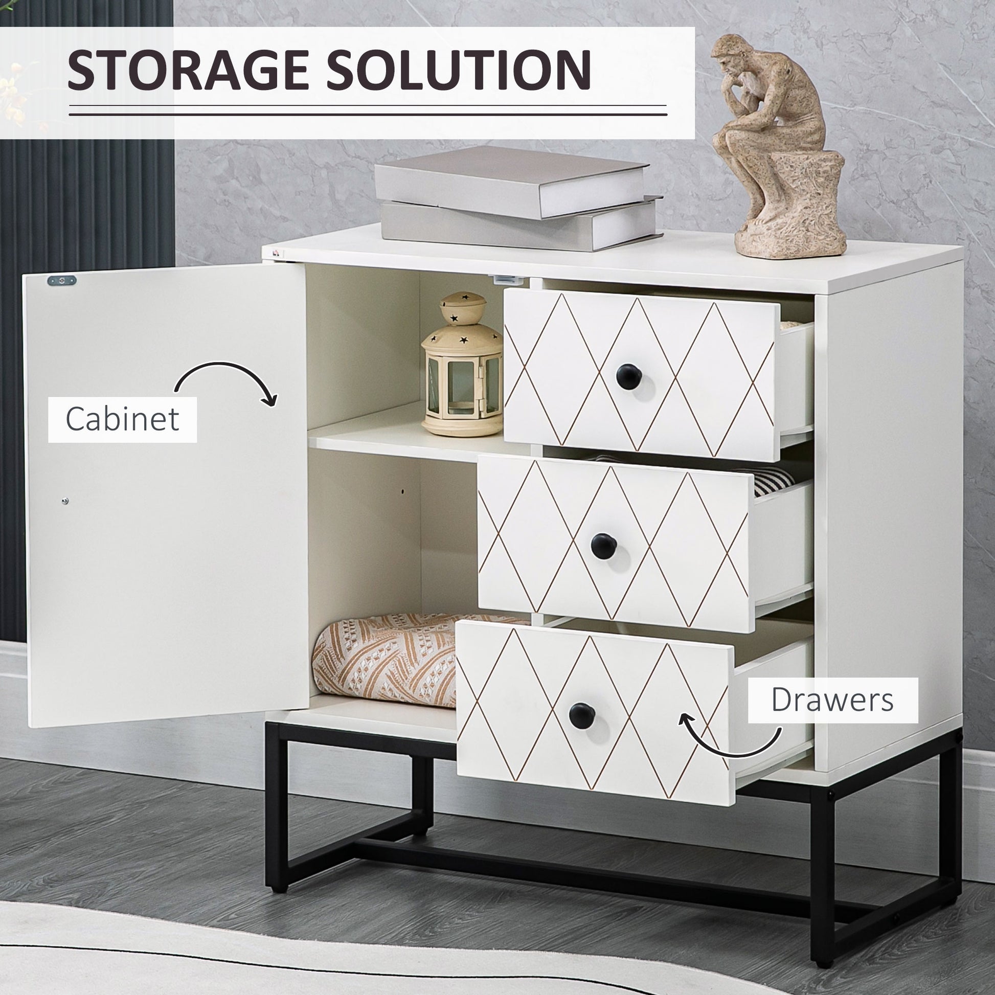 Diamond-shaped chest of drawers with 3 drawers and a cabinet with adjustable shelf, in steel and MDF, 70x35x75 cm, White - Borgè