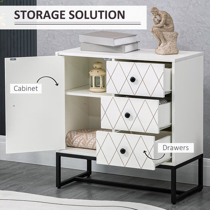 Diamond-shaped chest of drawers with 3 drawers and a cabinet with adjustable shelf, in steel and MDF, 70x35x75 cm, White - Borgè