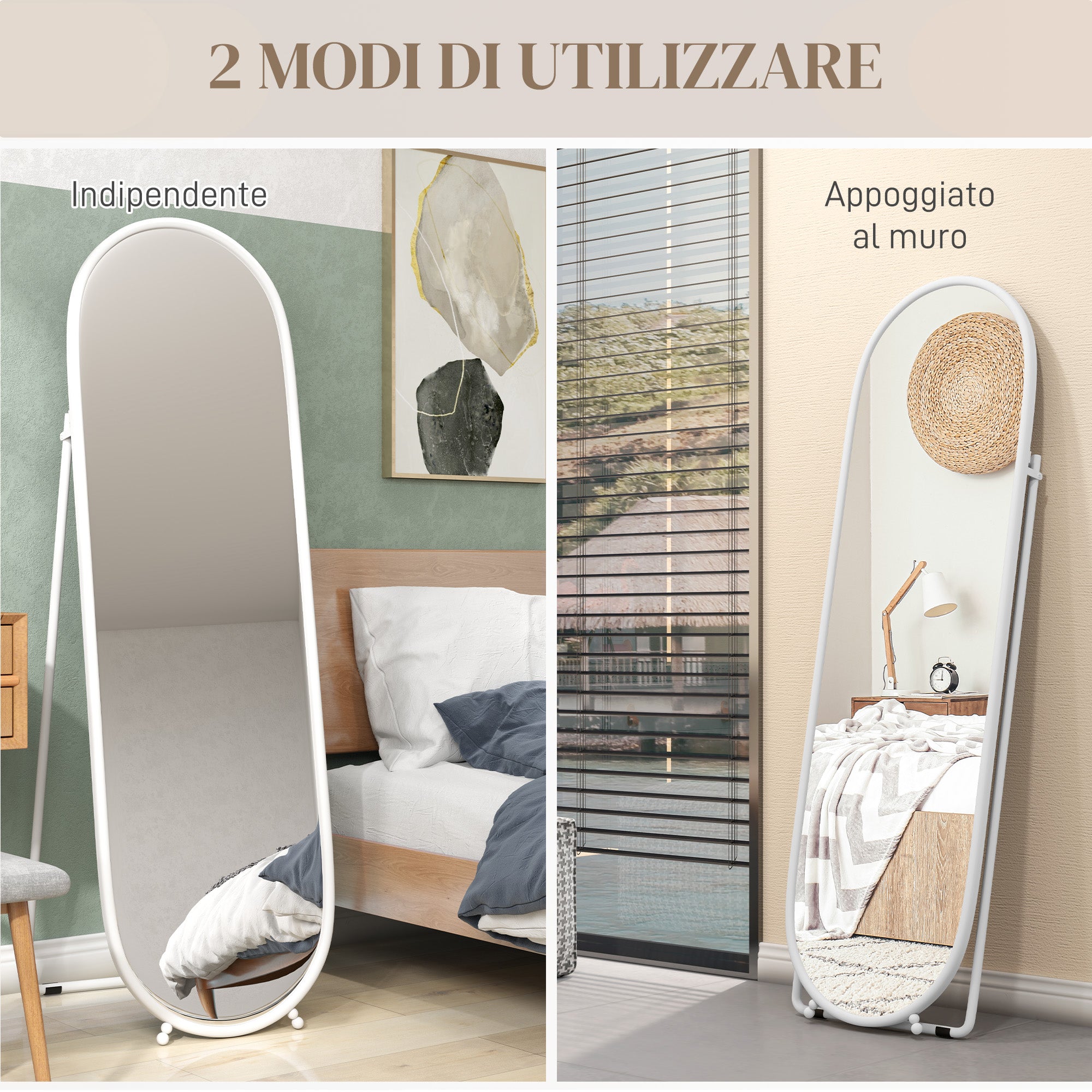 Full-Length Floor Mirror with Folding Stand, Glass and Metal, 40x41x159 cm, White