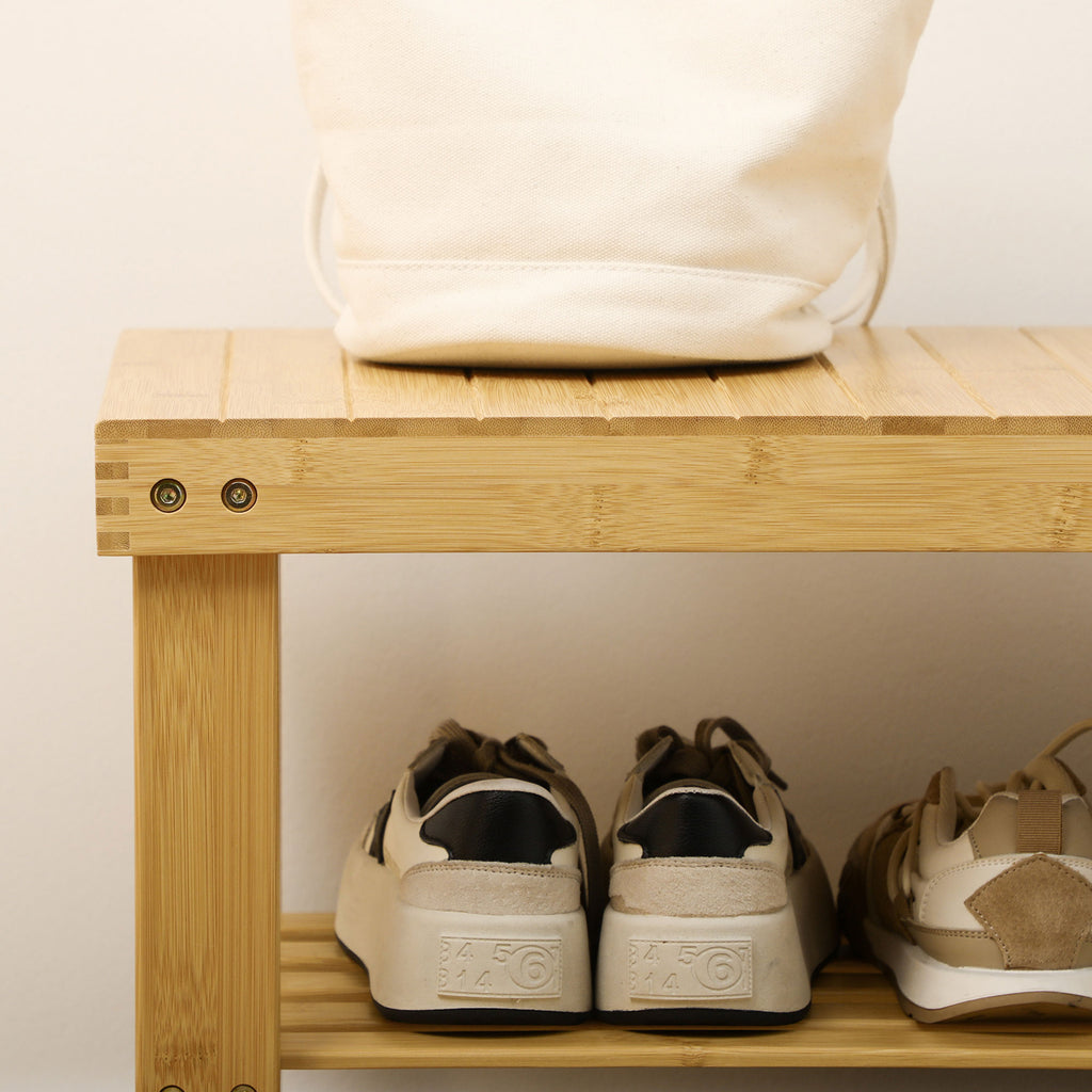 Low Bamboo Shoe Rack Bench with 2 Slatted Shelves and Seat, 70x28x45 cm, Natural
