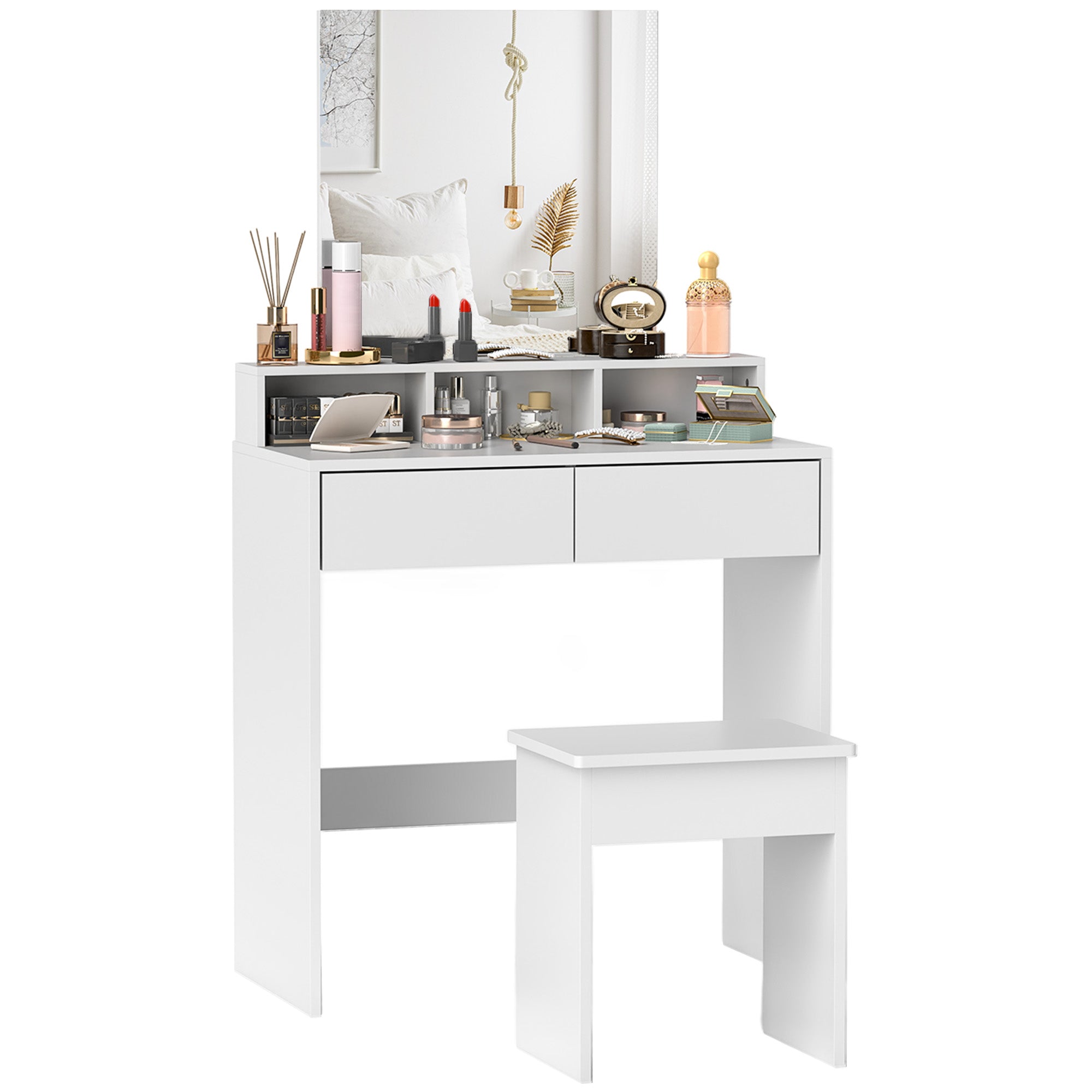 Makeup Table with Mirror, 3 Shelves, 2 Drawers and Stool, in Wood ...