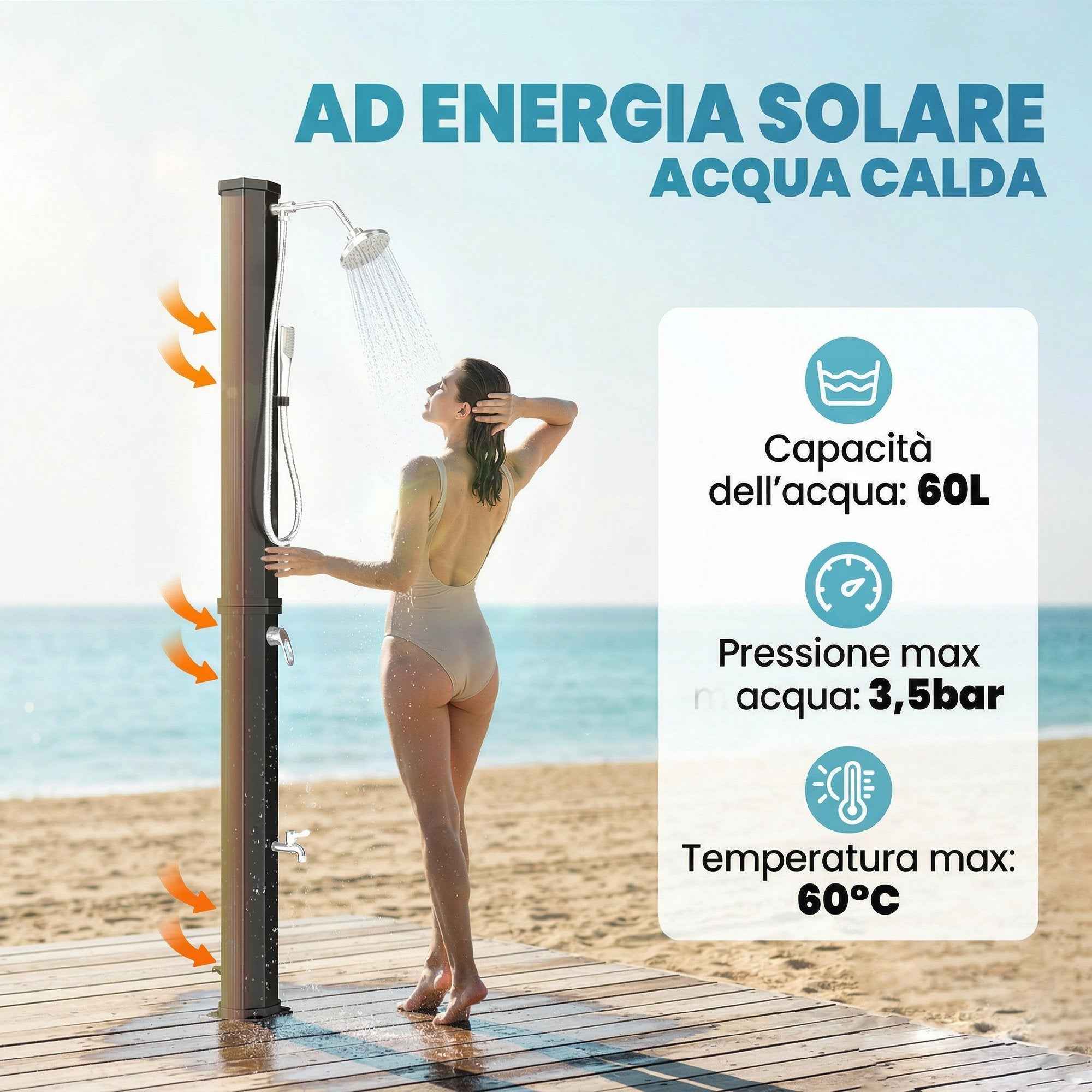 Outsunny 60L Solar Shower, Outdoor Garden Shower with 2 Heated Shower Heads