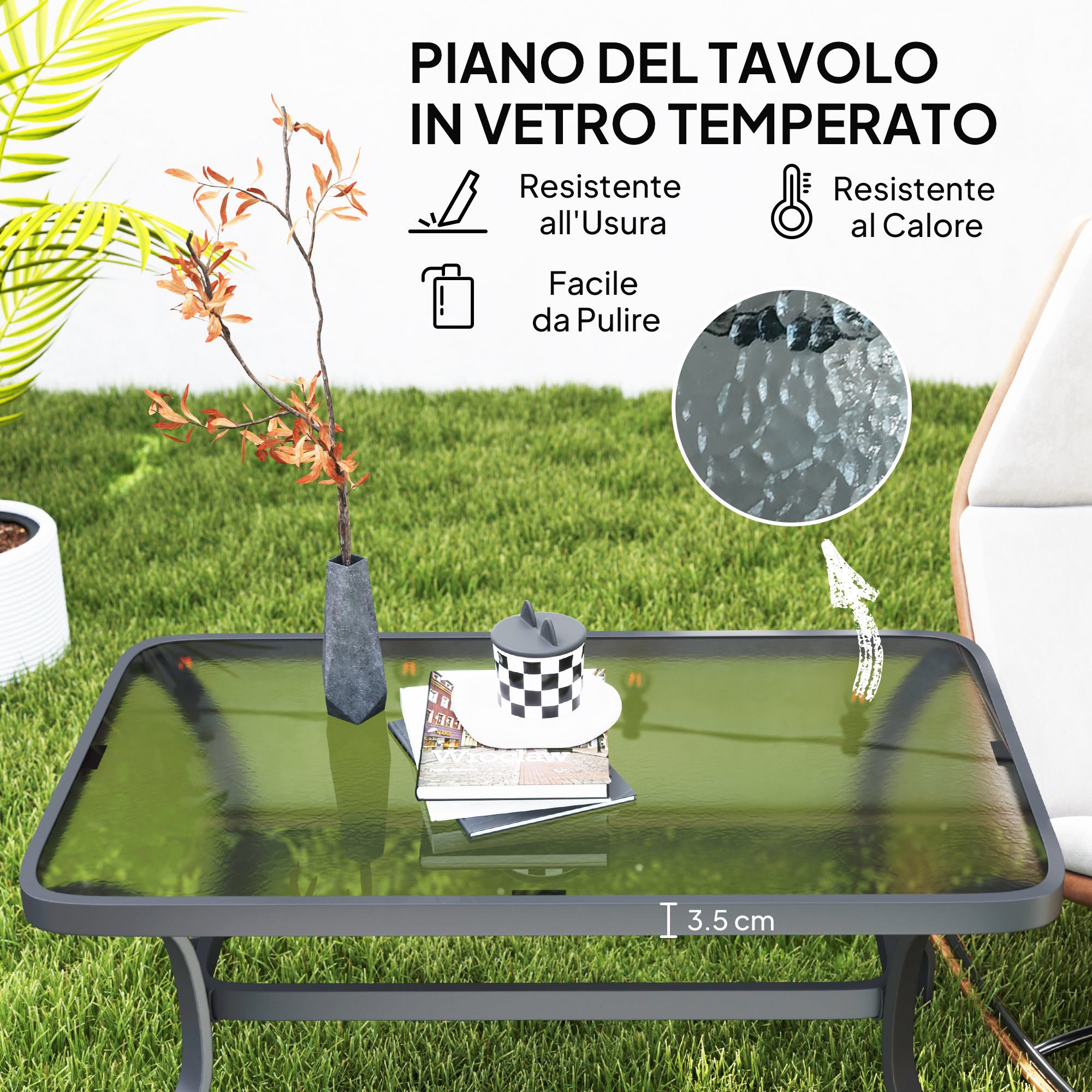 Rectangular Outdoor Coffee Table in Black Metal with Tempered Glass Top, 95x55x46 cm
