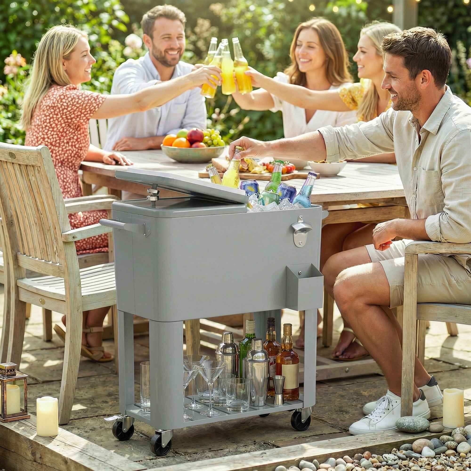 Outsunny Portable Fridge 76 L with Wheels and Bottle Opener, 92 x 39 x 81 cm, Silver