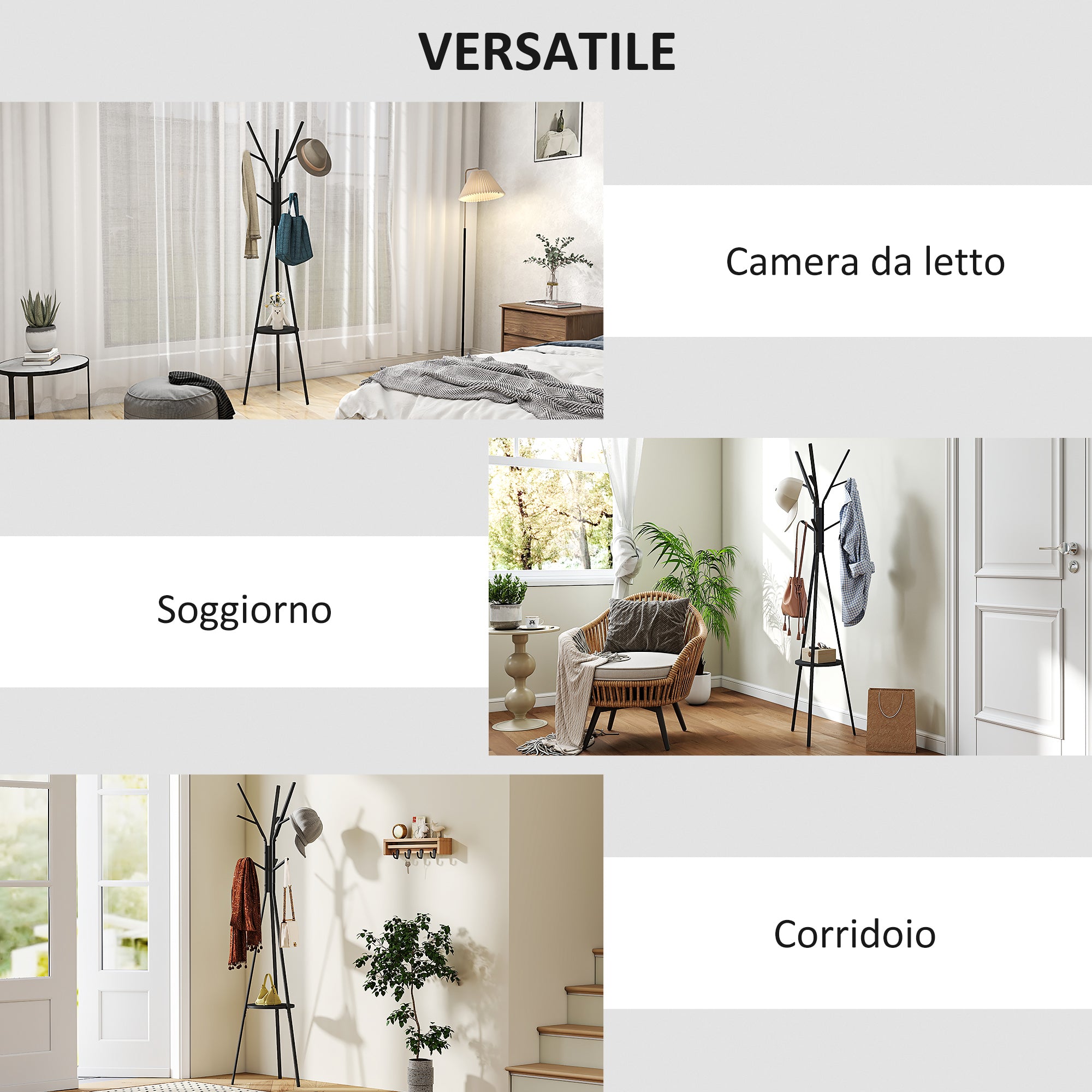 Modern Vertical Coat Rack for Entryway, 45x45x180cm, Black