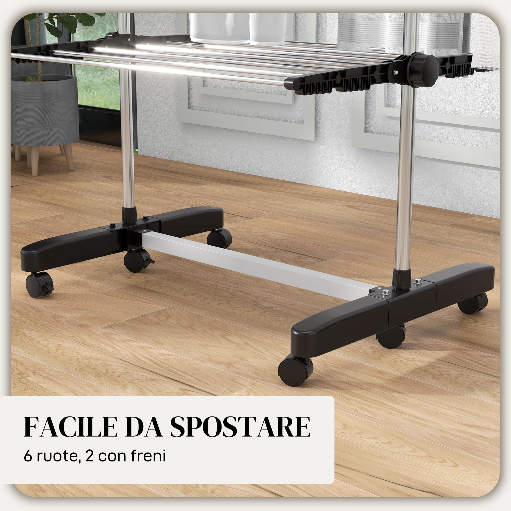 Vertical Clothes Drying Rack with 4 Adjustable Shelves, in Steel and Plastic, 142x55x172 cm, Black and Silver