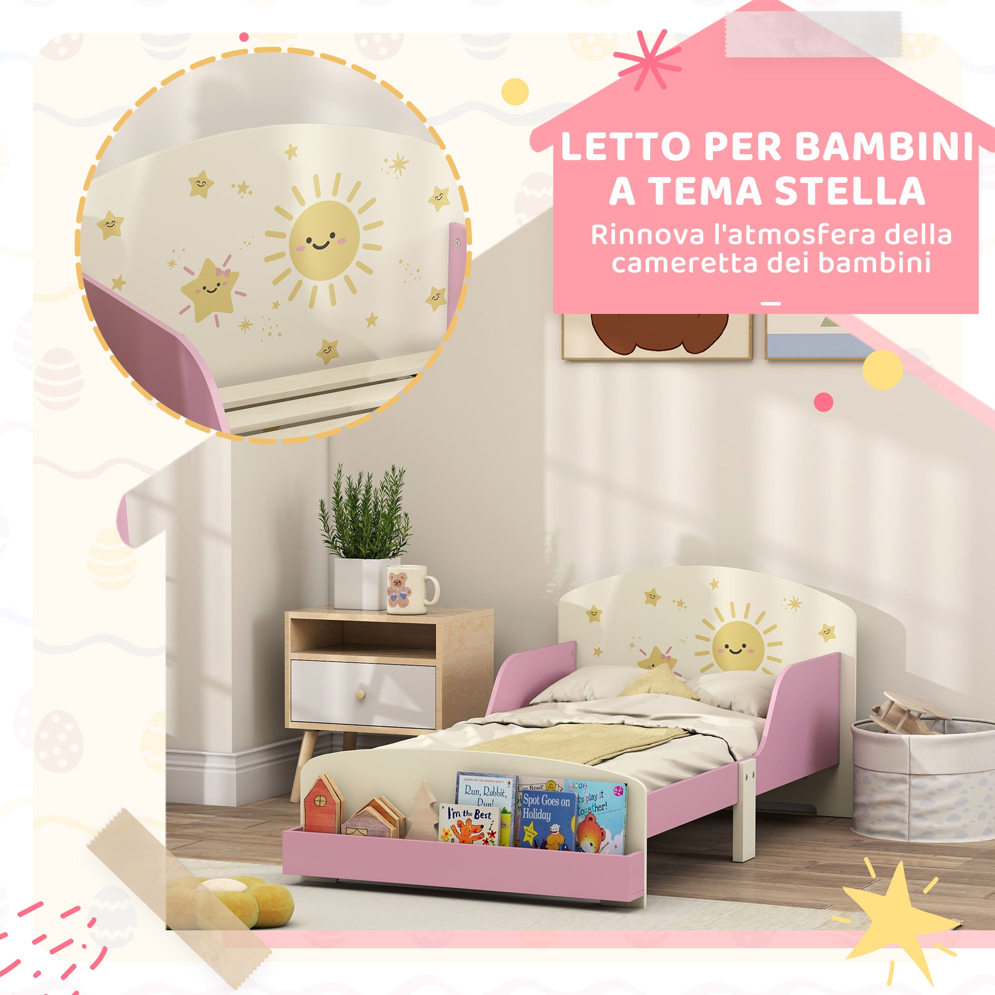 Children's Bed for 3-8 Years Old, Low, Wooden, with Storage Space and Side Rails, 150x77x60 cm, Pink