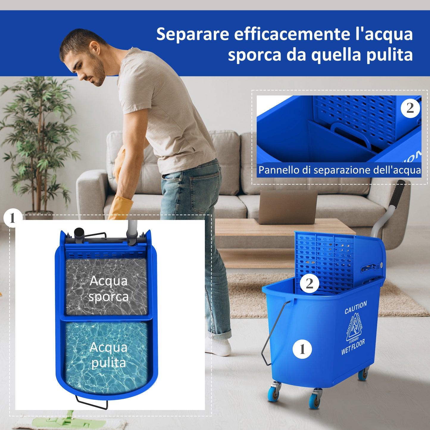 20L PP Plastic Cleaning Trolley with Bucket and Wringer, 60x27x70.5 cm, Blue