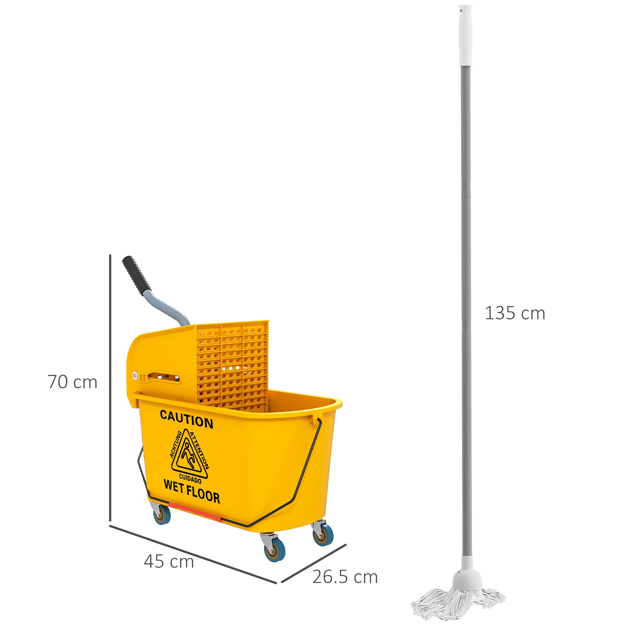 Professional 20L Floor Mop Bucket with Mop, Wringer, Wheels and Handle, 45x26.5x70 cm, Yellow