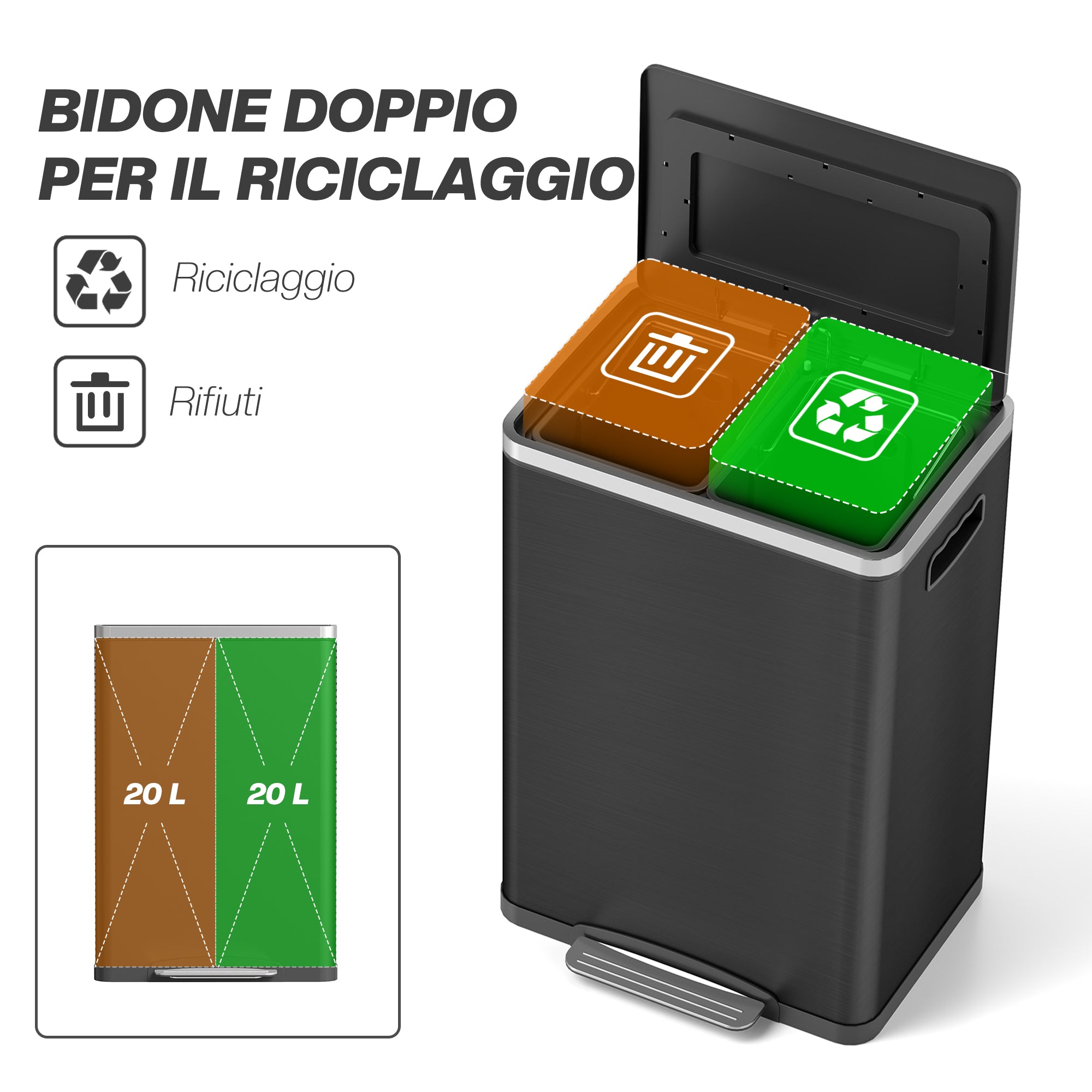 20L 2-Section Garbage Can with Silent Lid, Stainless Steel and PP, 40x34.8x59 cm, Black