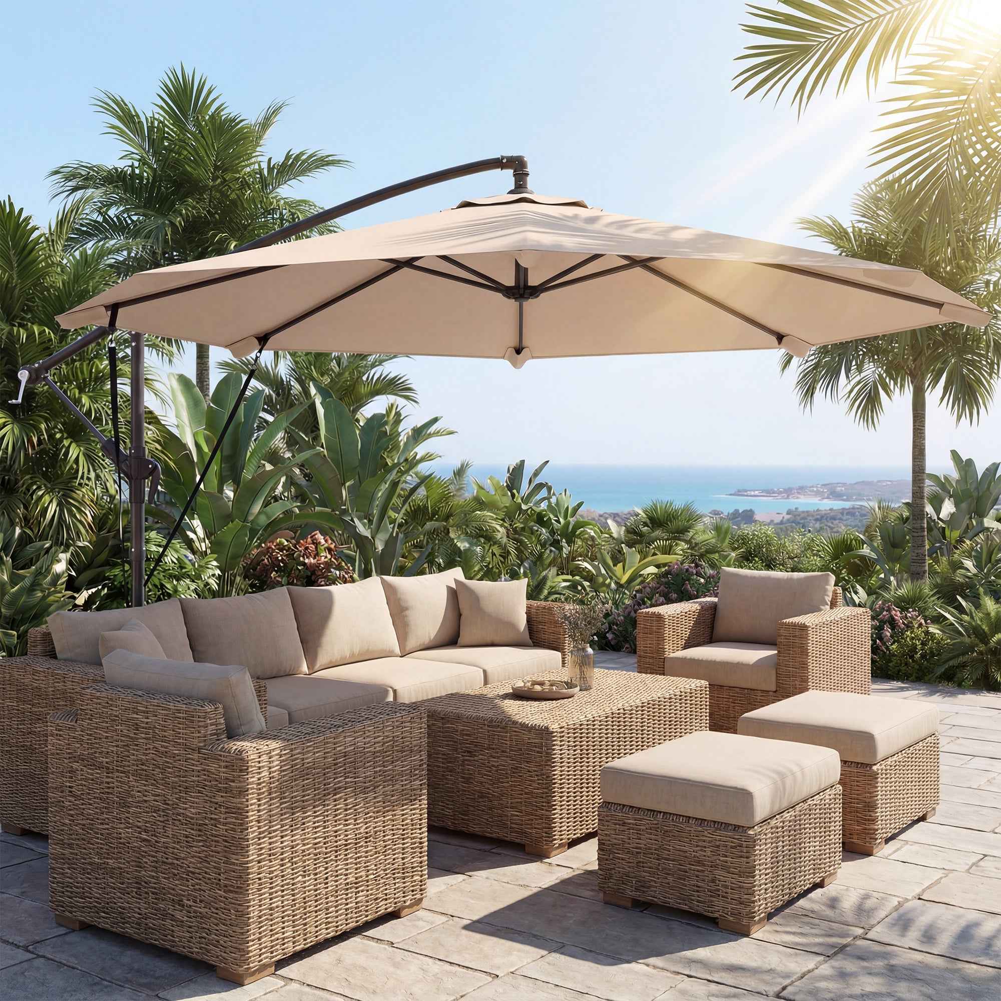 Outsunny 3m Cantilever Umbrella with Cross Base and Crank Handle, in Metal, PP and Polyester, Khaki